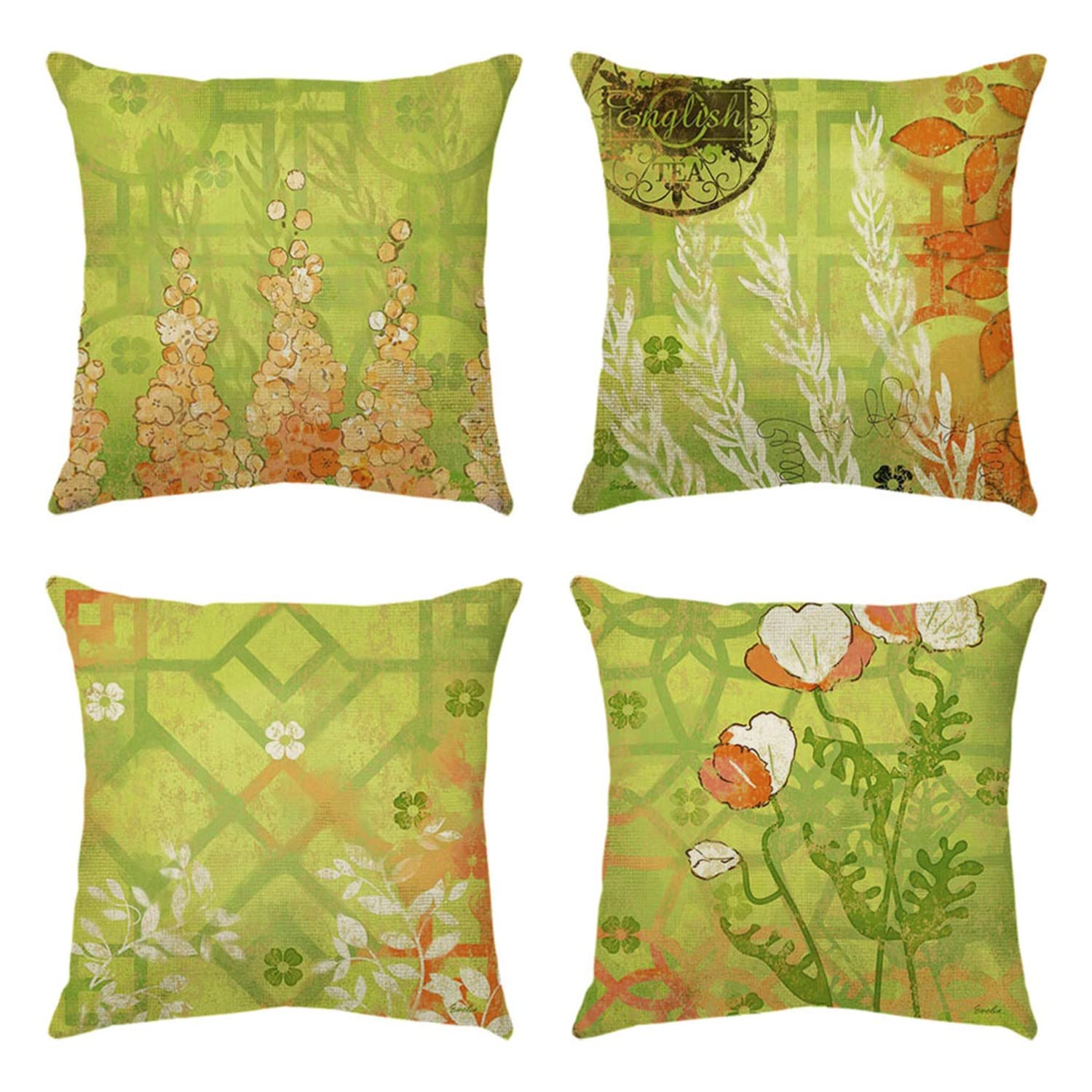 Memyme Set of 4 Geometric Green Pattern Throw Pillow Covers,Small Orange Flowers Cushion Case Home Decor,for Sofa,Couch,Bed,Car 18”×18”