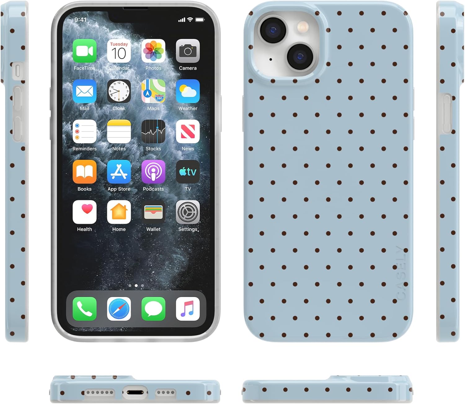 Casely iPhone 14 Plus Case | On the Dot | Blue & Brown Polka Dot | Compatible with MagSafe | Classic Ultra Slim Design