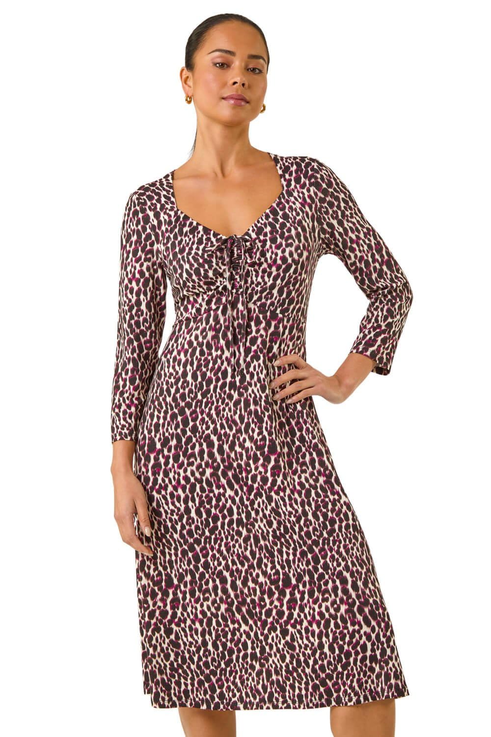 Roman Women's Multi Petite Animal Print Ruched Stretch Midi Dress Size 12