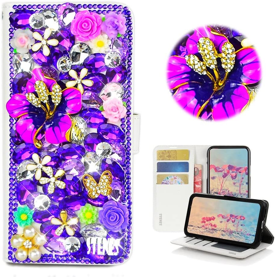 STENES Bling Wallet Phone Case Compatible with iPhone 14 6.1 inch 2022 Case - Stylish - 3D Handmade Cherry Pineapple Floral Lips Magnetic Wallet Stand Leather Cover Case - Blue