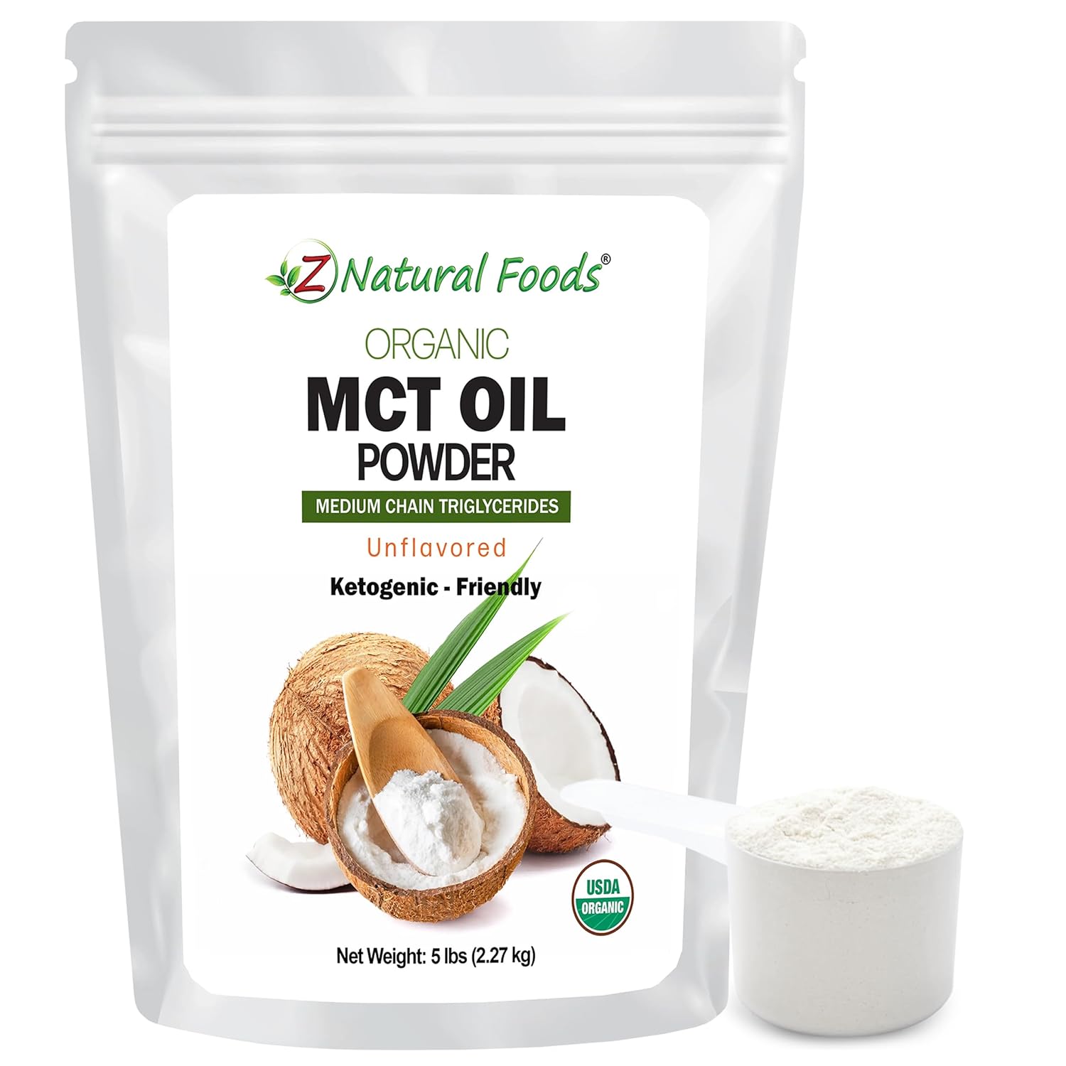 Z Natural Foods Organic MCT Oil Powder - From Coconut with Prebiotic Acacia Fiber, C8 & C10 - Plant-Based Vegan Creamer For Tea, Coffee, Shakes & Smoothies - Keto & Paleo Friendly, Unflavored
