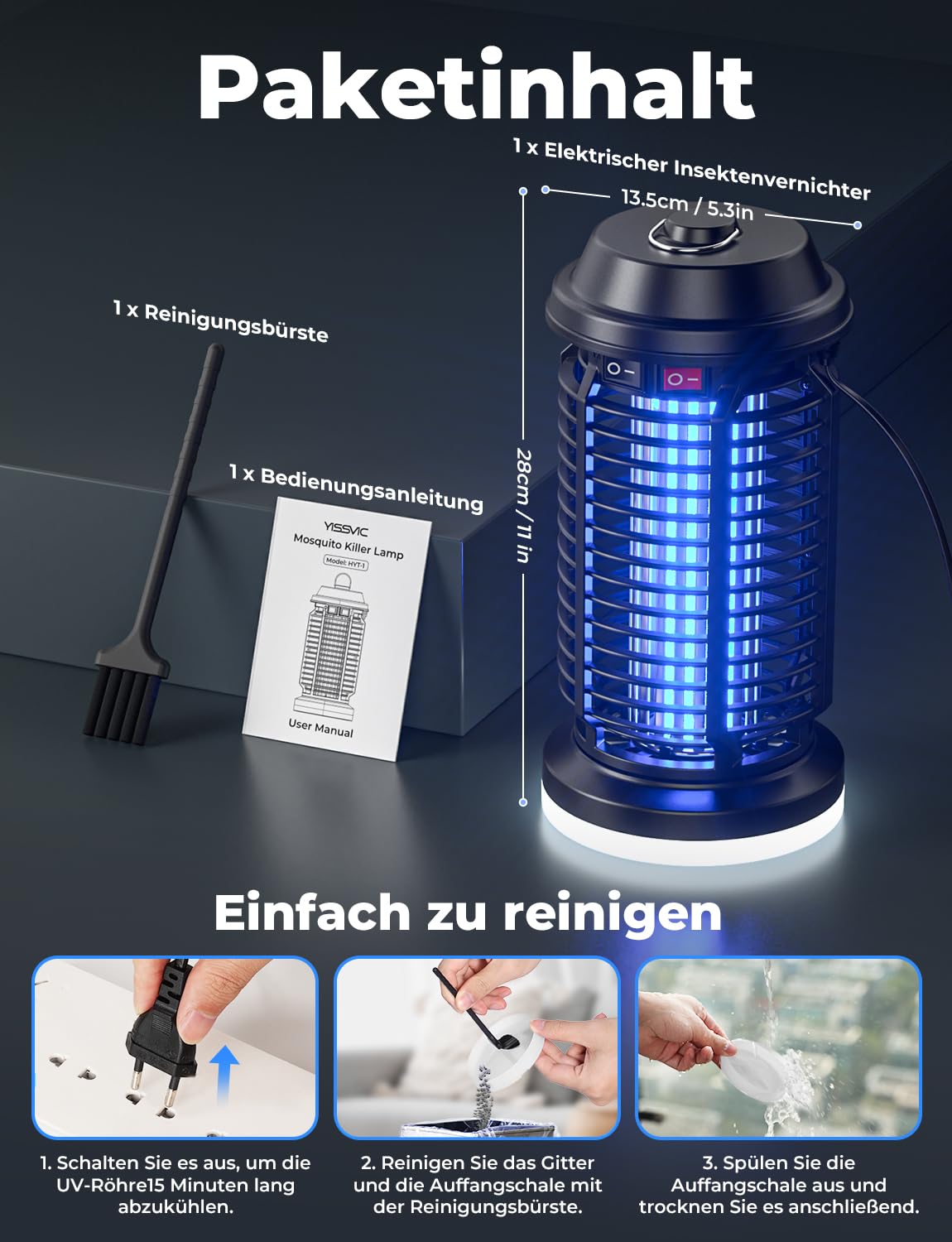 YISSVIC Insektenvernichter Elektrisch, 4200V Mückenlampe 15W, Elektrische Fliegenfalle 2-in-1 mit LED-Beleuchtung, UV-Lampe gegen Mücken und Fliegen, IPX4 für Innen und Außen