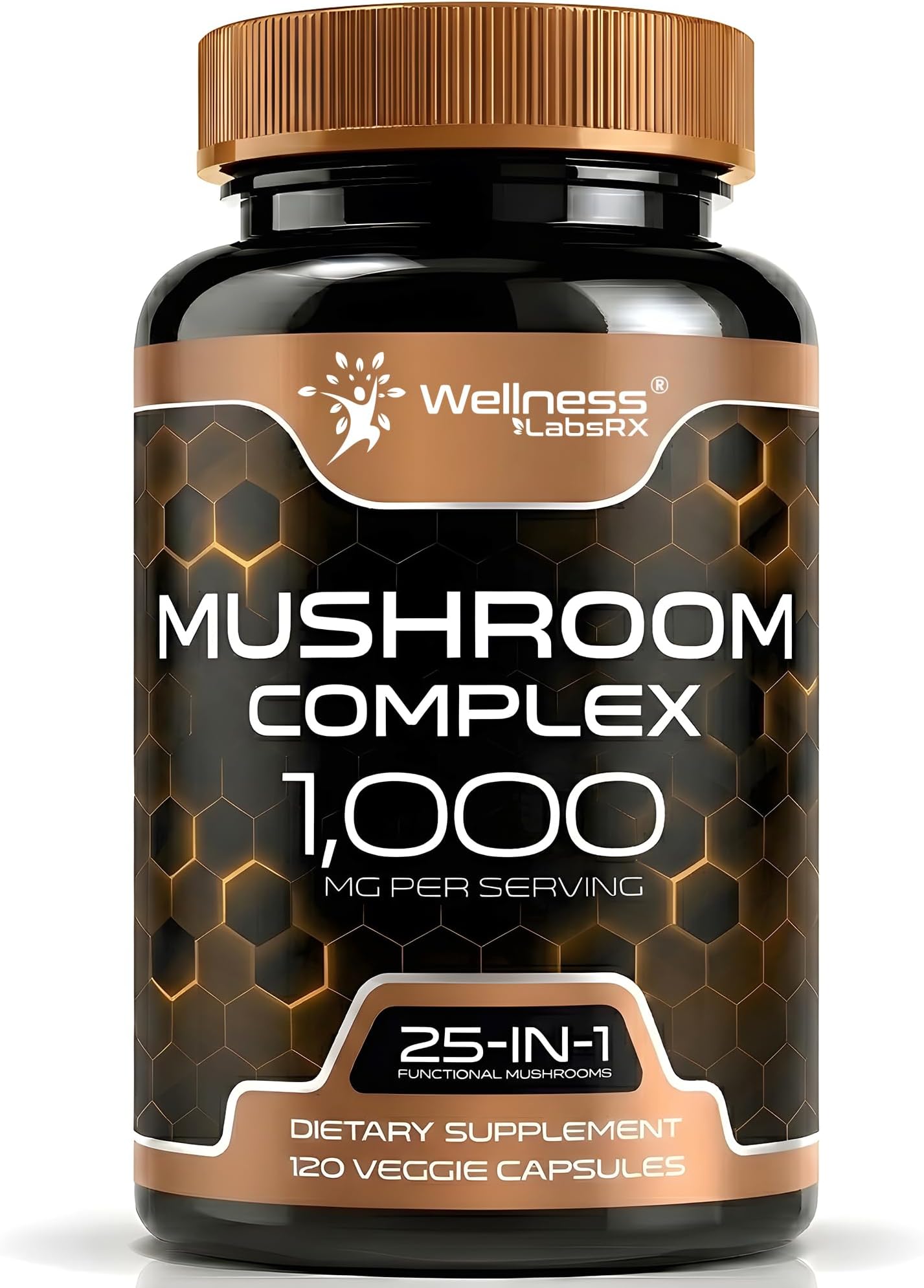 WELLNESS LABSRX Mushroom Supplement Capsules 10:1 Extract, Mushroom Complex Capsules 1000mg, Lions Mane Supplement with Turkey Tail, Cordyceps, Reishi - 120 Count