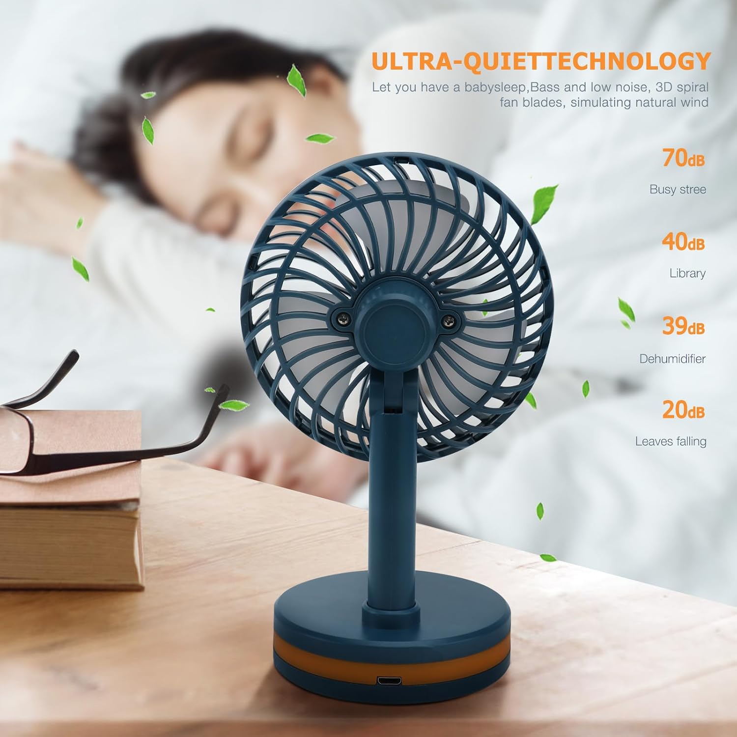 DOITOOL Portable Mini USB Fan with Rechargeable Battery and Three Speed Adjustment, Compact Blue Table Fan for Home and Office Use with Creative LED Light