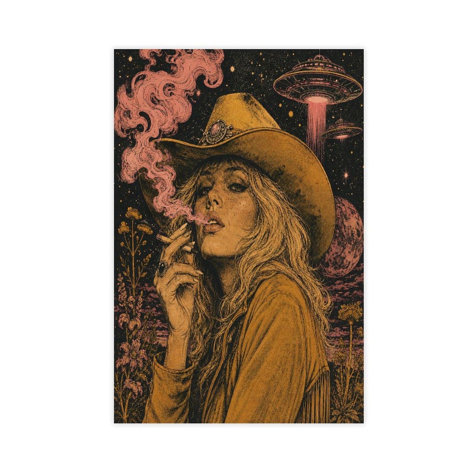 W7c8u2x3 Unframe-Style-19 Cowgirl Smoking Under Ufo Canvas Wall Art, Vintage Poster Apartment