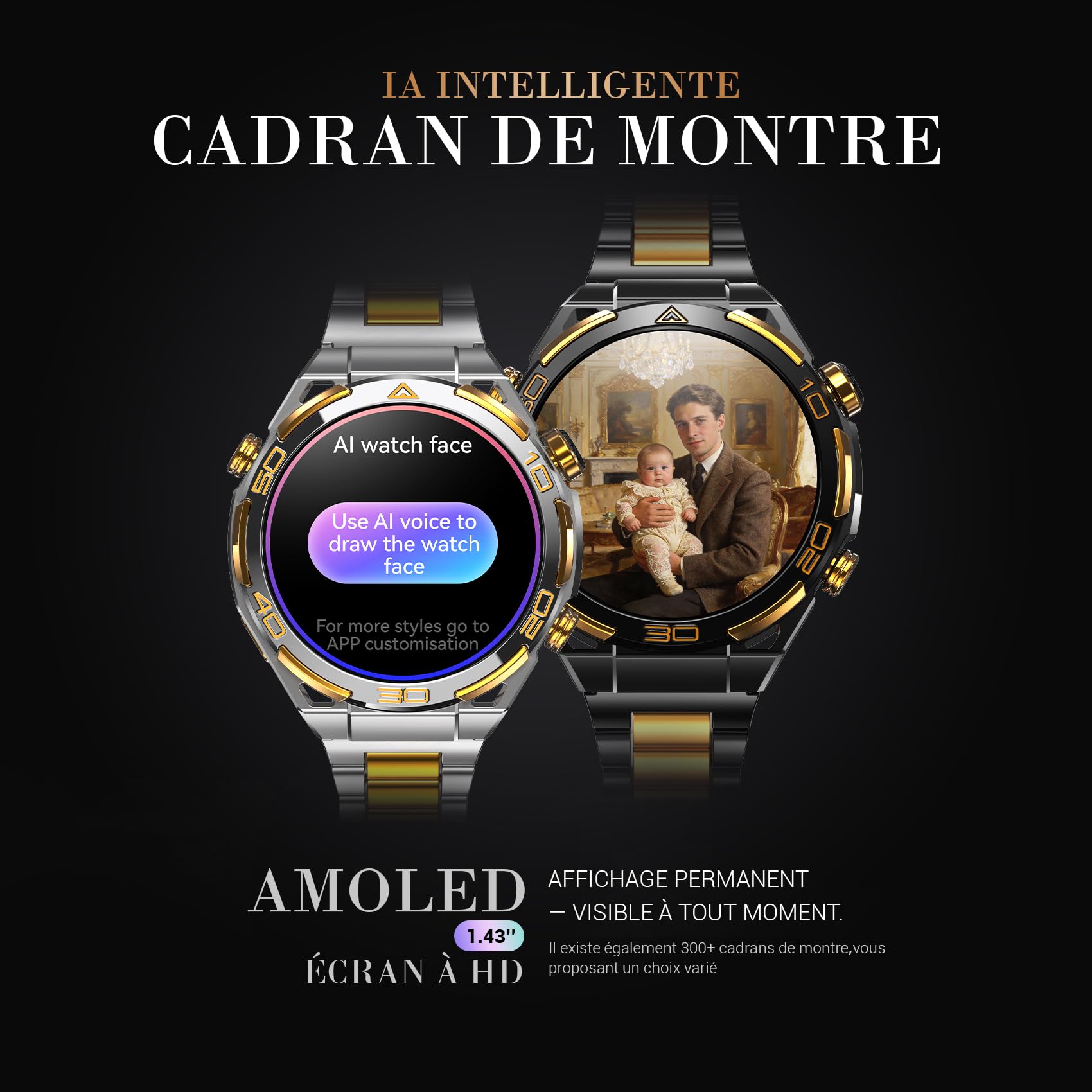 Blackview Montre Connectée Homme 14K Or Luxe avec IA ChatGPT, Écran AMOLED HD 1.43", GPS Intégré, Lampe de Poche, Boussole, Appels Bluetooth, Surveillance Santé, 100+ Modes Sport, pour Android et iOS