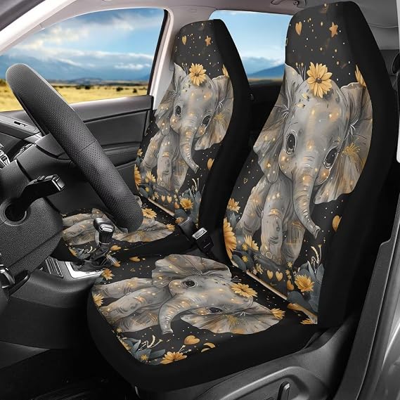 Horeset Elephant Sunflower Print Automobile Seat Cover Sets 2 Pack, Stretchy Vehicle Protector Front Seats Covers Decorative Fit SUV Sedan Truck Van