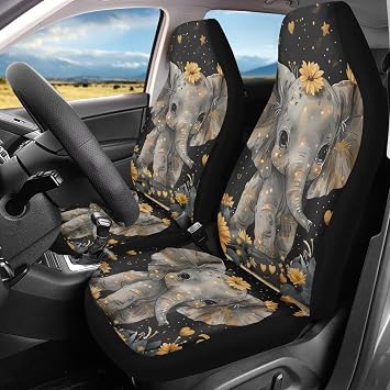 Horeset Elephant Sunflower Print Automobile Seat Cover Sets 2 Pack, Stretchy Vehicle Protector Front Seats Covers Decorative Fit SUV Sedan Truck Van