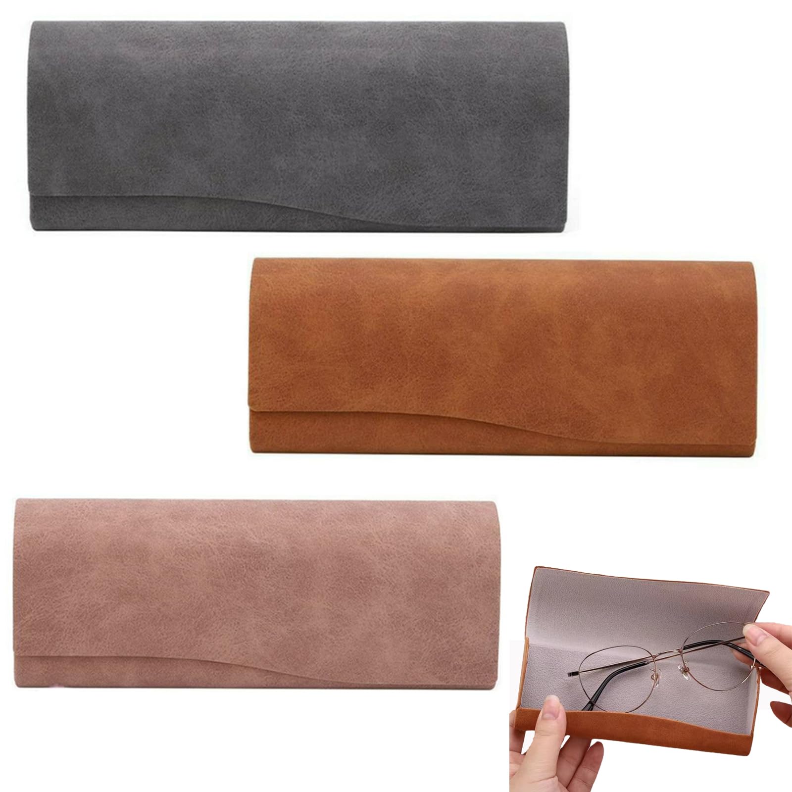 Lot De 3 étuis à Lunettes En Cuir PU - Rigide, Fermeture Magnétique, Doublure Velours, 16 Cm