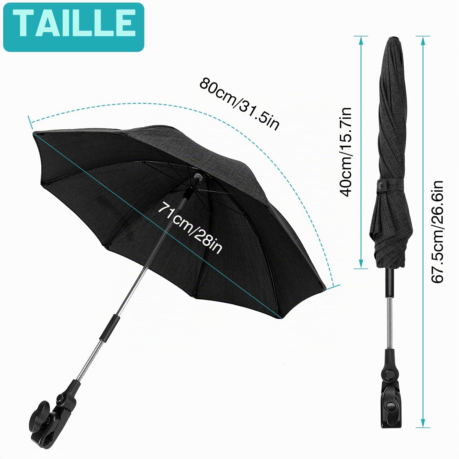 Ombrelle Poussette, Parasol Poussette Bébé Universelle, Protection UV 50+, Compatible avec la plupart des poussettes, Parapluie de Protection Solaire pour Landau avec Pince Réglable, Diamètre 71 cm