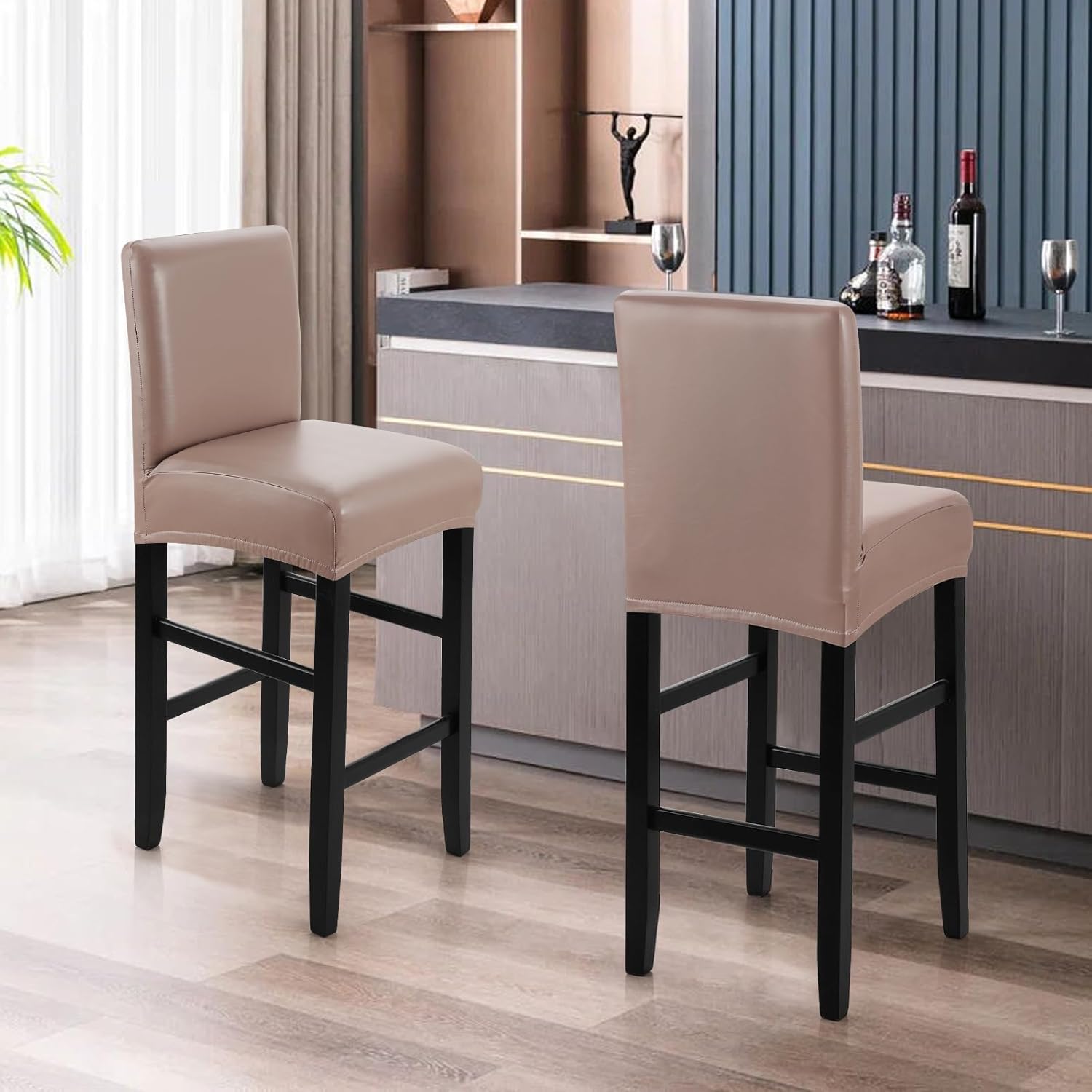 YISUN Bar Stool Covers, Stretch Waterproof PU Bar Stool Slipcover Removable Washable Bar Stool Chair Covers, High Chair Cover with Elastic Bands (Dark tan-4 Pack)