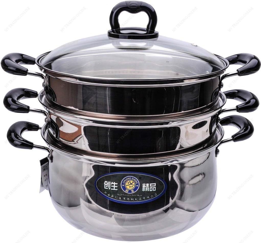 M.V. Trading S7328B Stainless Steel 3 Tiers Steamer Pot Steaming Cookware, 28cm (11-Inches)