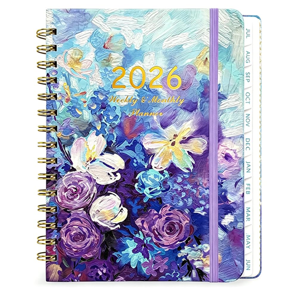 Diary Week to View A5, 2026 Diaries, Weekly & Monthly Full Year Planner, Monthly Tabs,Twin-Wire Binding, Hard Cover, Elastic Closure, Flower Coil Notebook A5 Strap Notebook, 21.5 x 15.5 x 1.8 cm