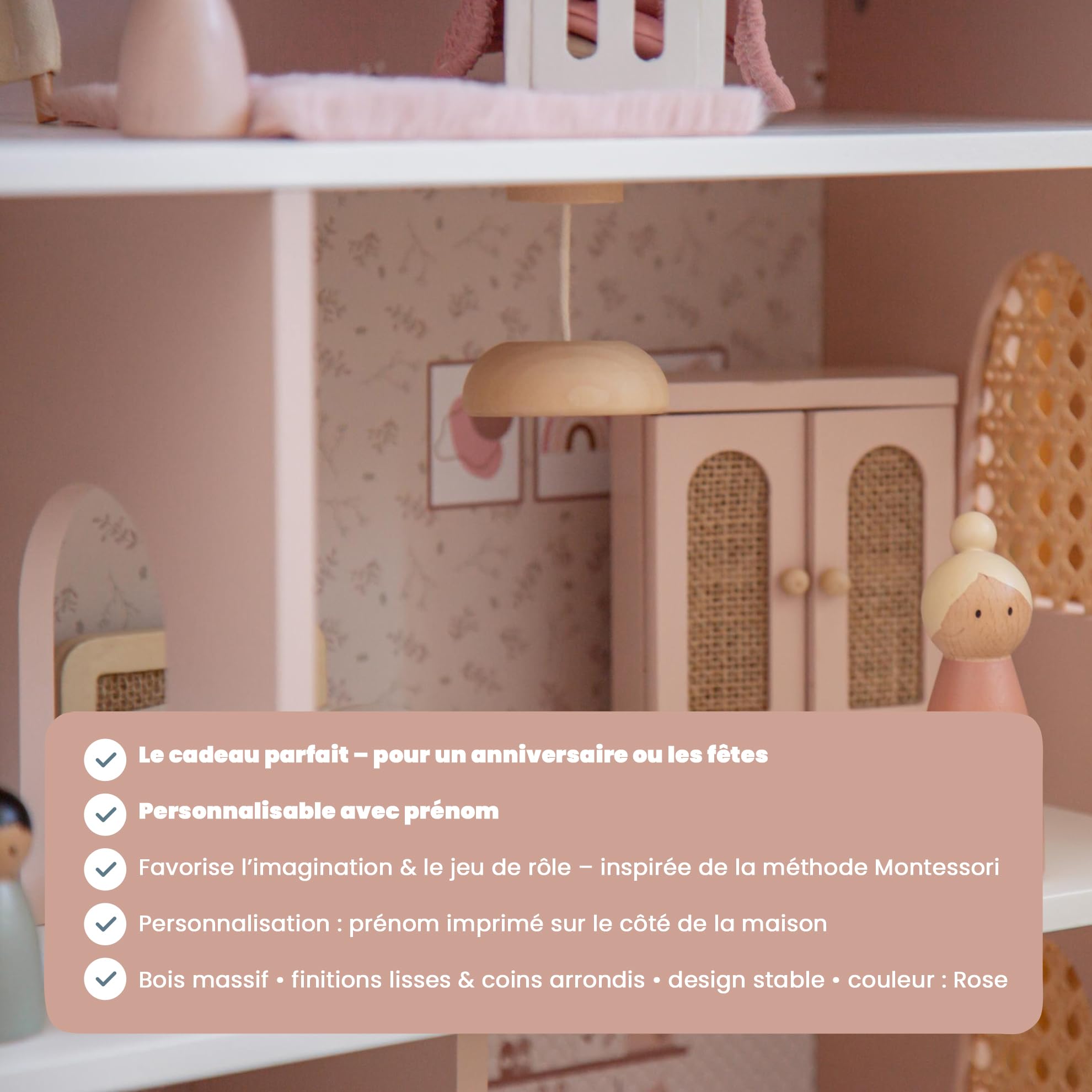 Personnalisable Maison de poupée en Bois Rose – inspirée Montessori & Jeu de rôle – pour Enfants dès 3 Ans – personnalisée avec prénom – Label Label