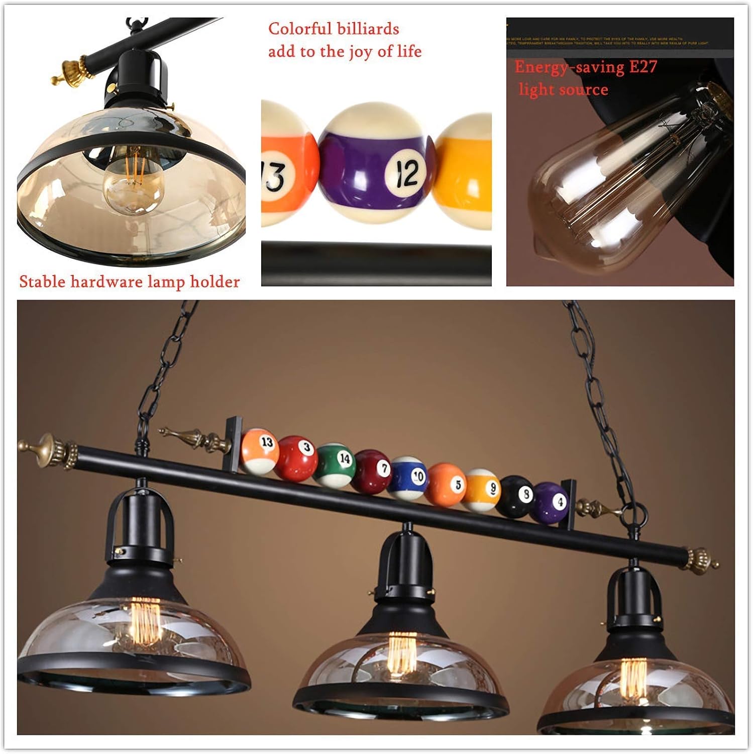 Pool Table Lights,Billiard table light,Farmhouse Chandelier,Industrial Loft 3 Head Iron Kitchen Light fixtures Fittings Pot Lid Glass Lampshade,Billiard Decoration Creative Lights for Bar,Pool Table