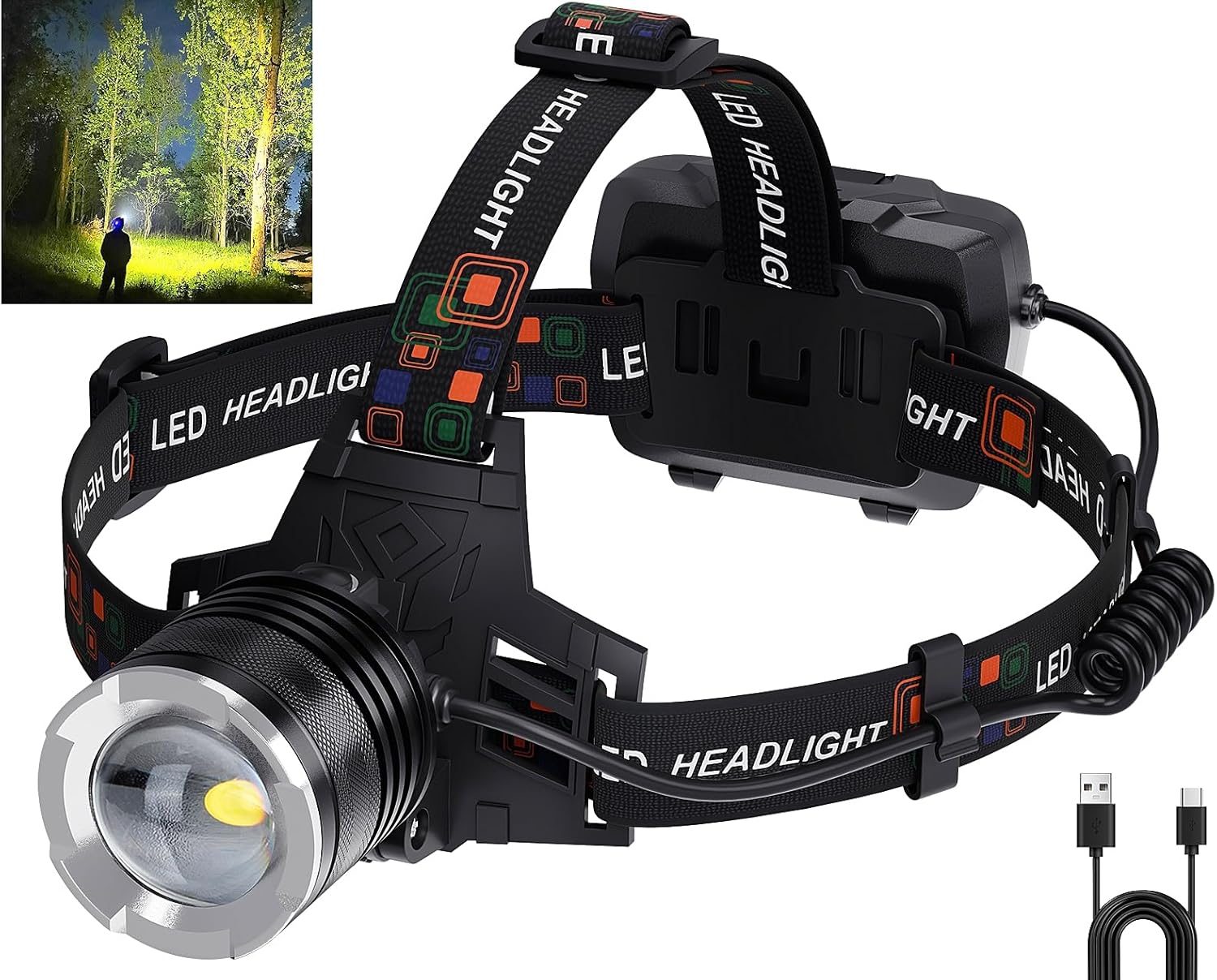LED Rechargeable Headlamp, 99,000 Lumens Head Lamps (Include Βattery) Super Bright Long Distance Headlamps with 5 Mode Waterproof, 90° Adjustable Head Lights for Forehead Adults Outdoor Camping