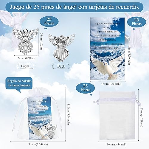 Miniatura 2 de Geosar Juego de 25 pines conmemorativos de ángel, fichas de bolsillo funerarias, guardián, ángel, tarjetas de poema con bolsas de organza, regalos