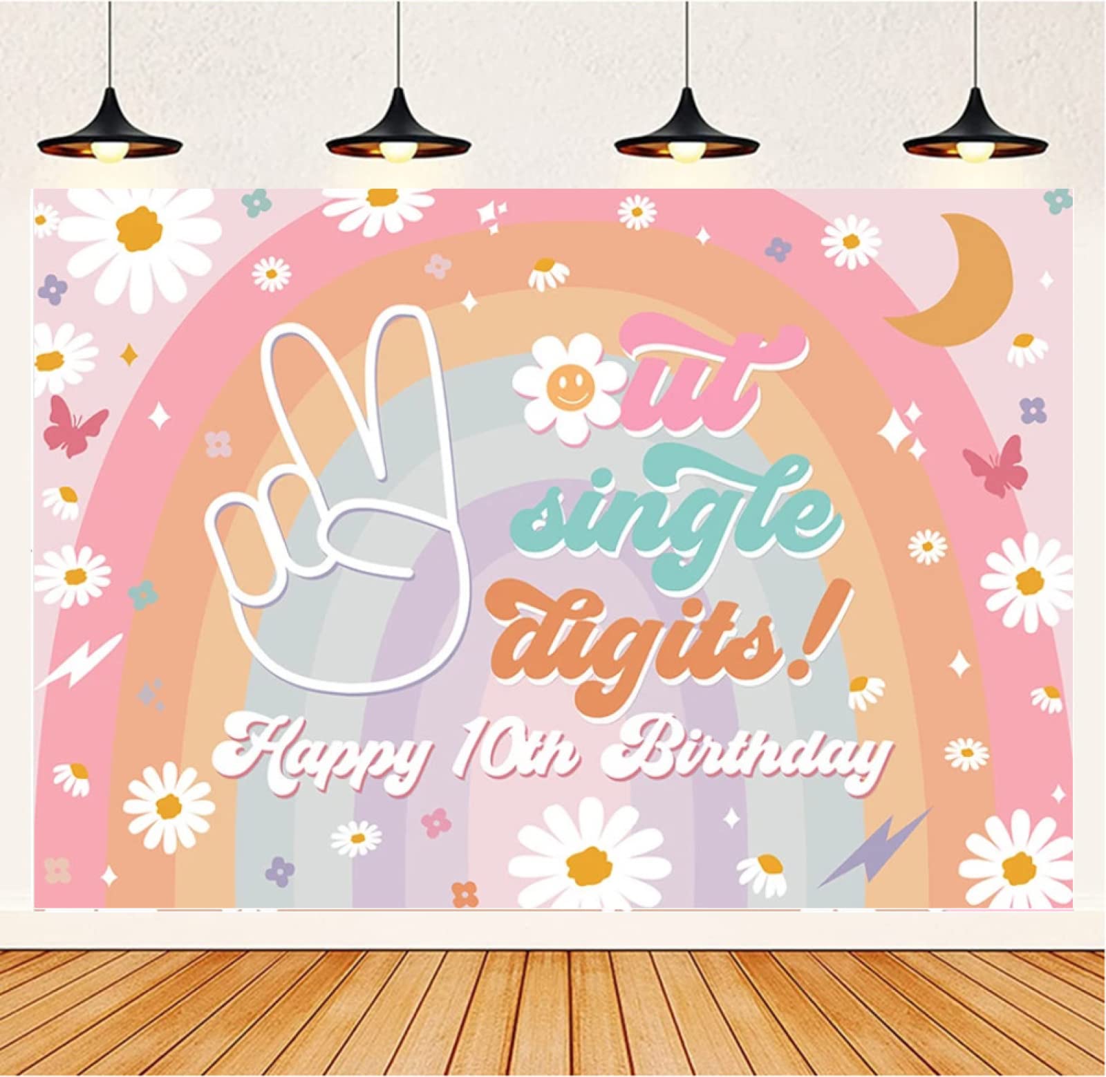 Photography Background Out Single Digits Rainbow Boho Daisy Groovy Gir 10th Happy Birthday Decoration Backdrop Photo Studio 7x5 feet