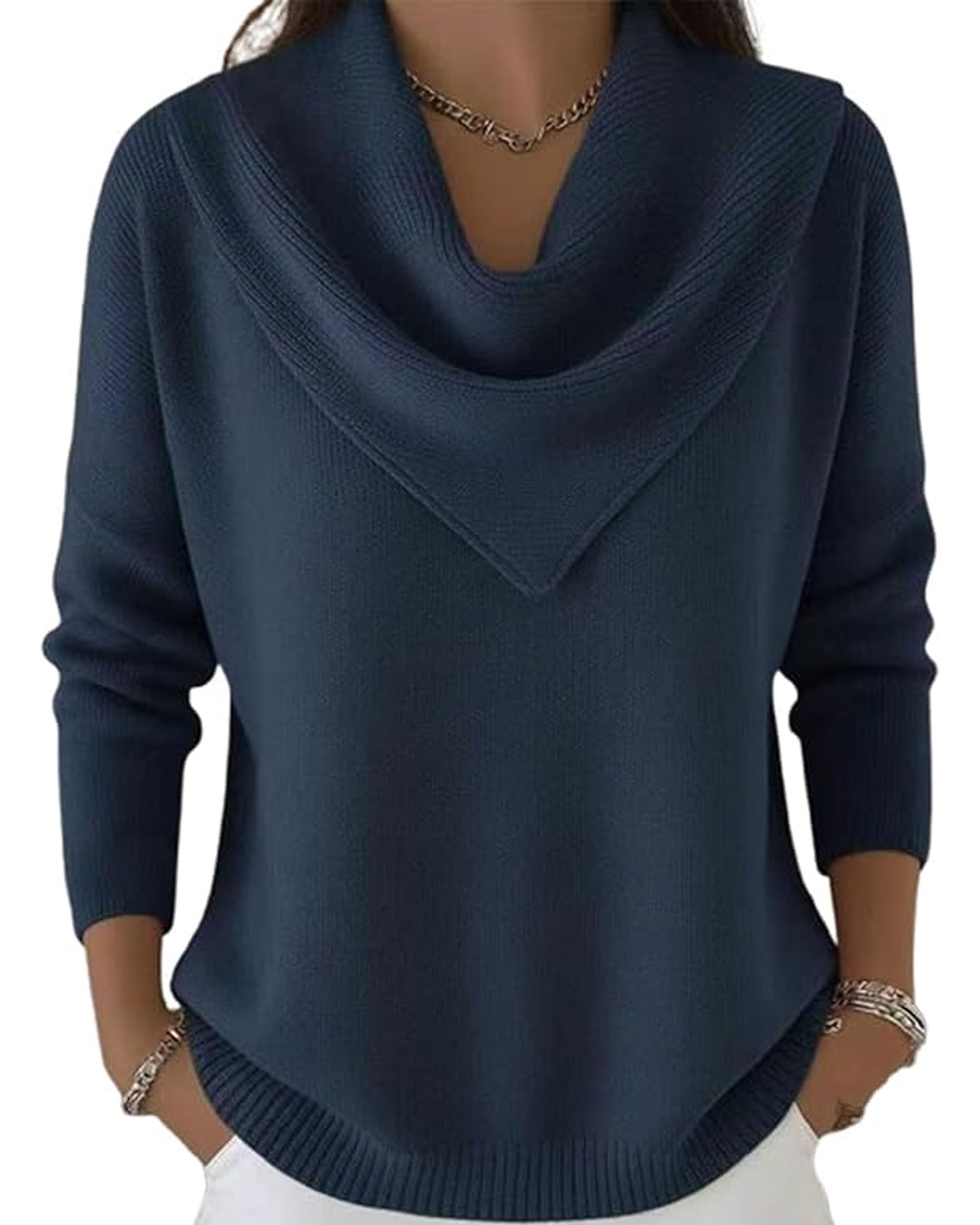 Triangle Neck Sweater Cowl Neck Sweater for Women Elegant Retro Soft Triangle Neck Solid Color Sweater Top