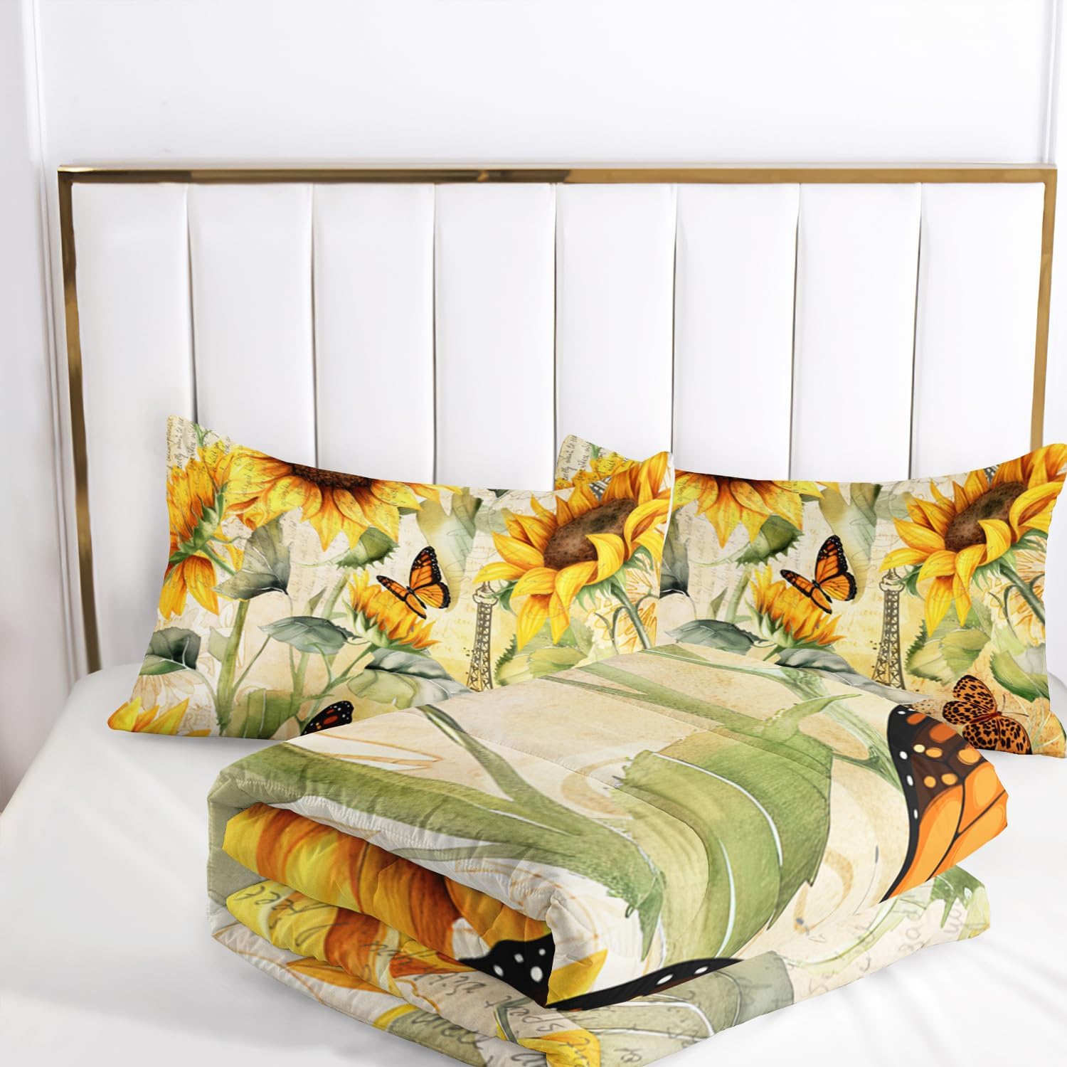 AILONEN Sunflower Comforter Set, Yellow Floral Botanical Boys Girls Bedding Quilt Queen Size,Eiffel Tower with Butterflies Bed in a Bag,1 Comforter 2 Pillowcases,3-Pieces Microfiber
