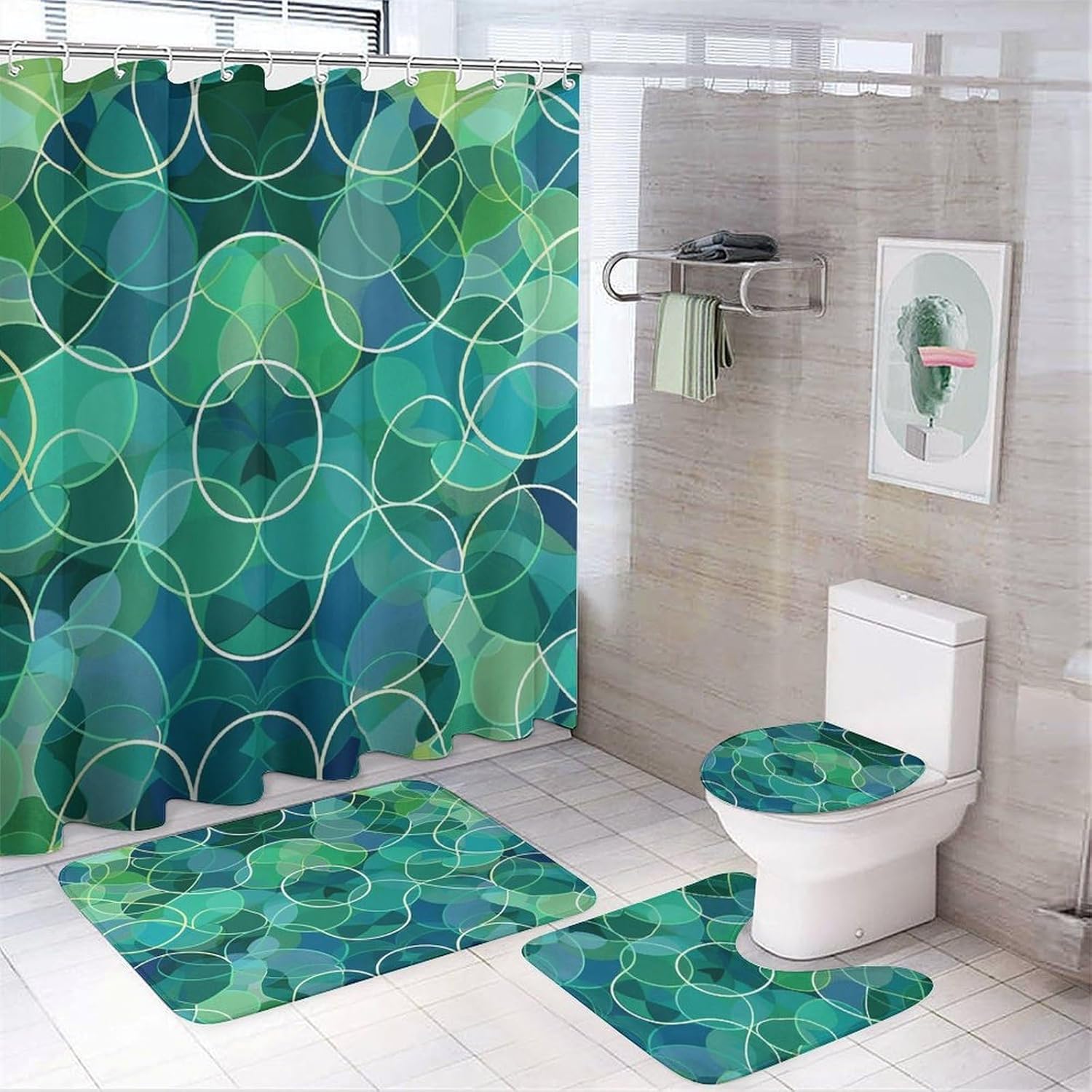 Four Piece Bathroom Set with Toilet Lid Cover and Non-Slip Rugs Minimalist Shower Curtain for Bathroom Set