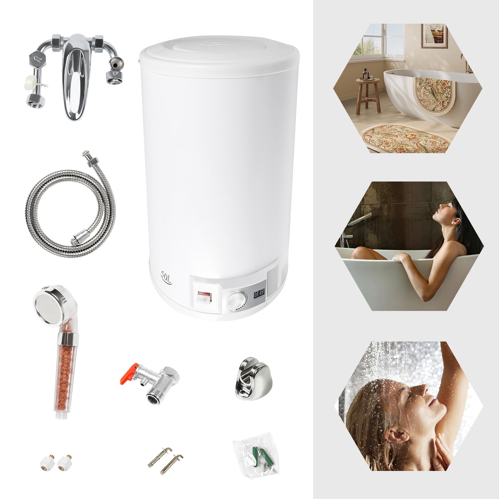 50L Elektro Boiler 2000W - Wandspeicher Warmwasserbereiter Mit Dusche & Wasserhahn