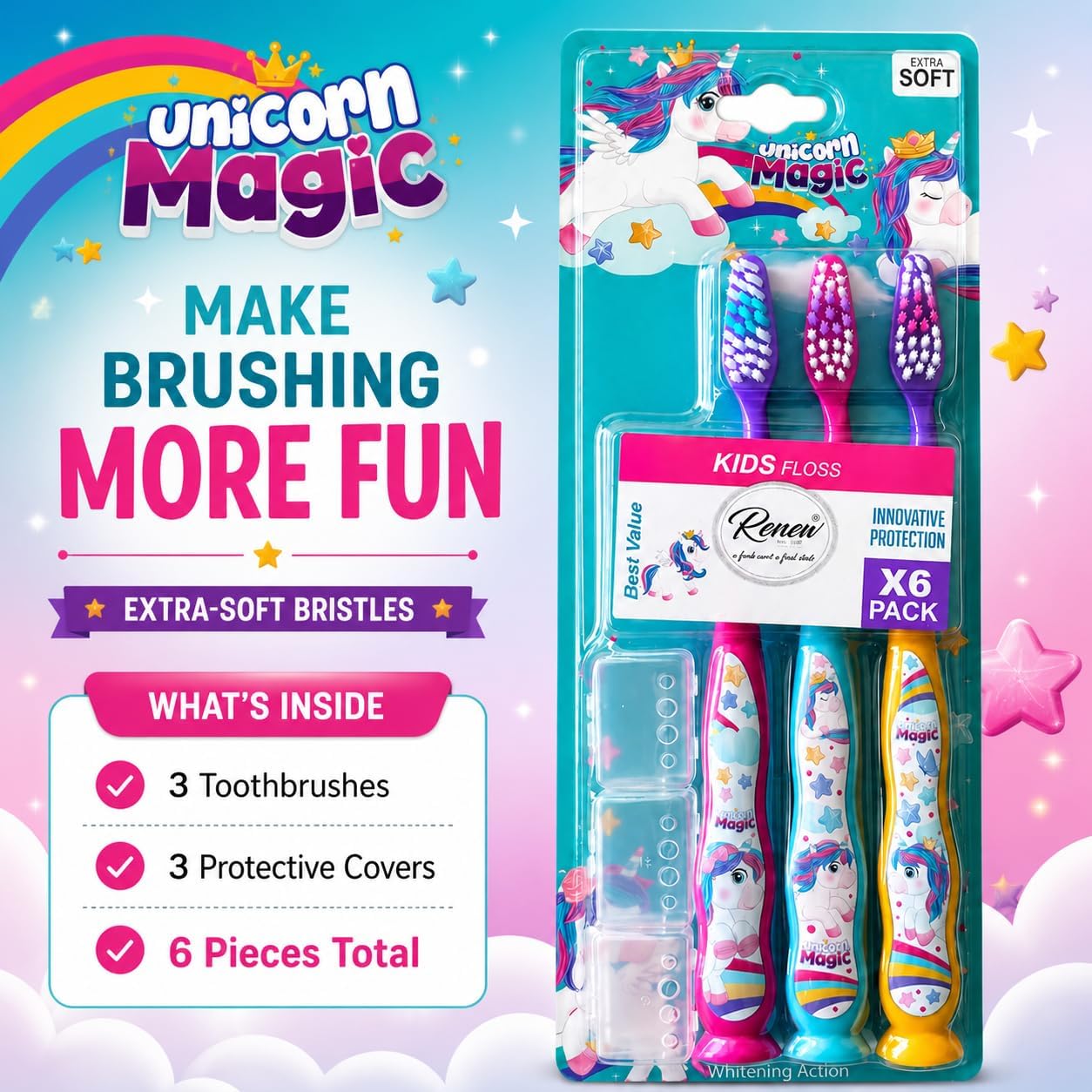 Renew The Life Kids Toothbrush - Unicorn Magic, Soft Bristle Manual Travel Toothbrush with Caps for Boys & Girls, Extra Soft, 3-Packs (2 Sets / 6 Toothbrushes)