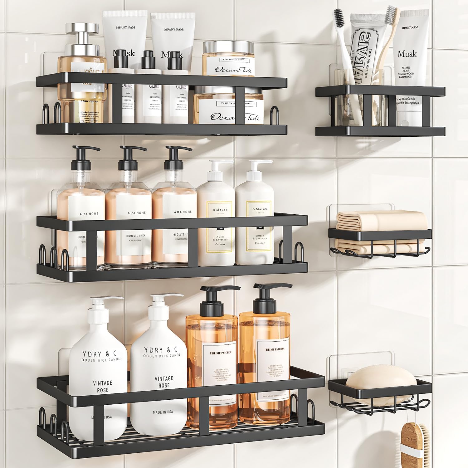 Youvip Shower Caddy 6 Pack, Adhesive Shower Shelves with Soap Holder, No Drilling Rustproof Large Capacity Bathroom Organizers and Storage, Black