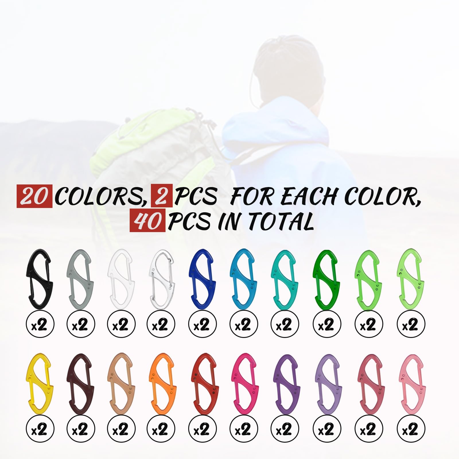 40 mosquetones dobles coloridos en forma de S (1.6 pulgadas) de doble puerta S mosquetón - Ganchos de gatillo para llaveros colgantes de muñeca pequeña, ideal para camping, viajes, pesca