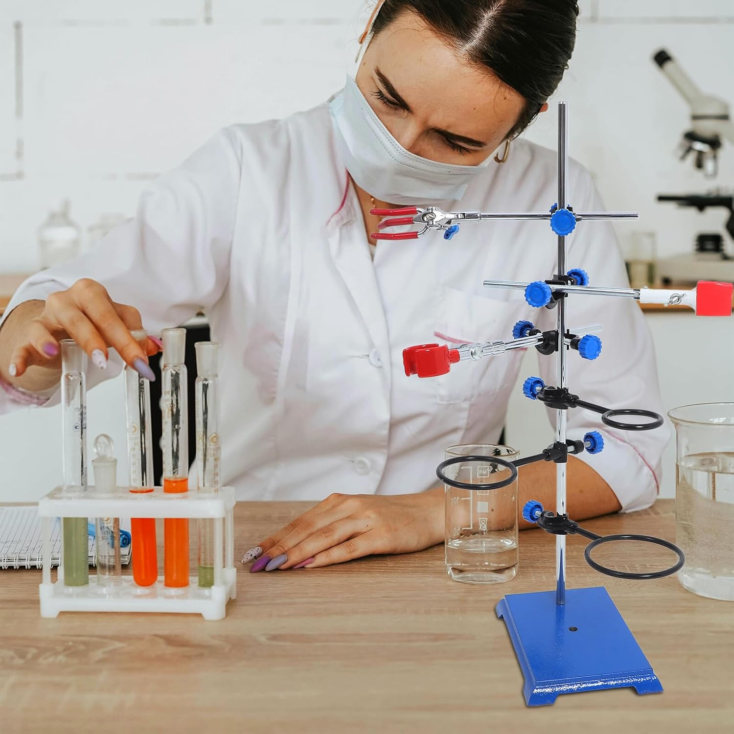 VALICLUD Laboratory Iron Stand Set with Square Base, Three-prong Clamp, Flask Holder, and Cross Clamp – Metal Rack Holder Kit for Chemical and Industrial Laboratory Equipment