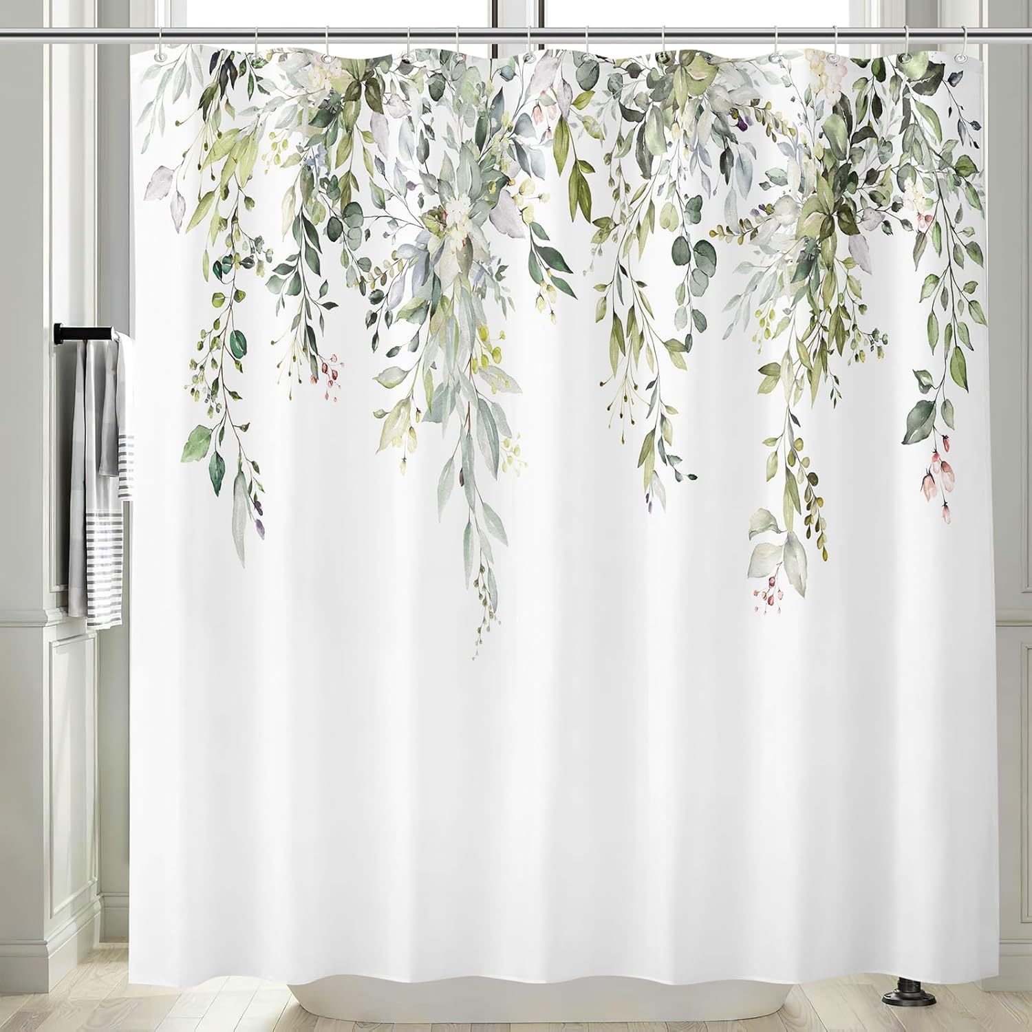 Sage Green Eucalyptus Shower Curtain, Watercolor Green Leaves Spring Plant Botanical Shower Curtains for Bathroom Waterproof Fabric Bath Curtain 72x72 Inch with 12 Hooks