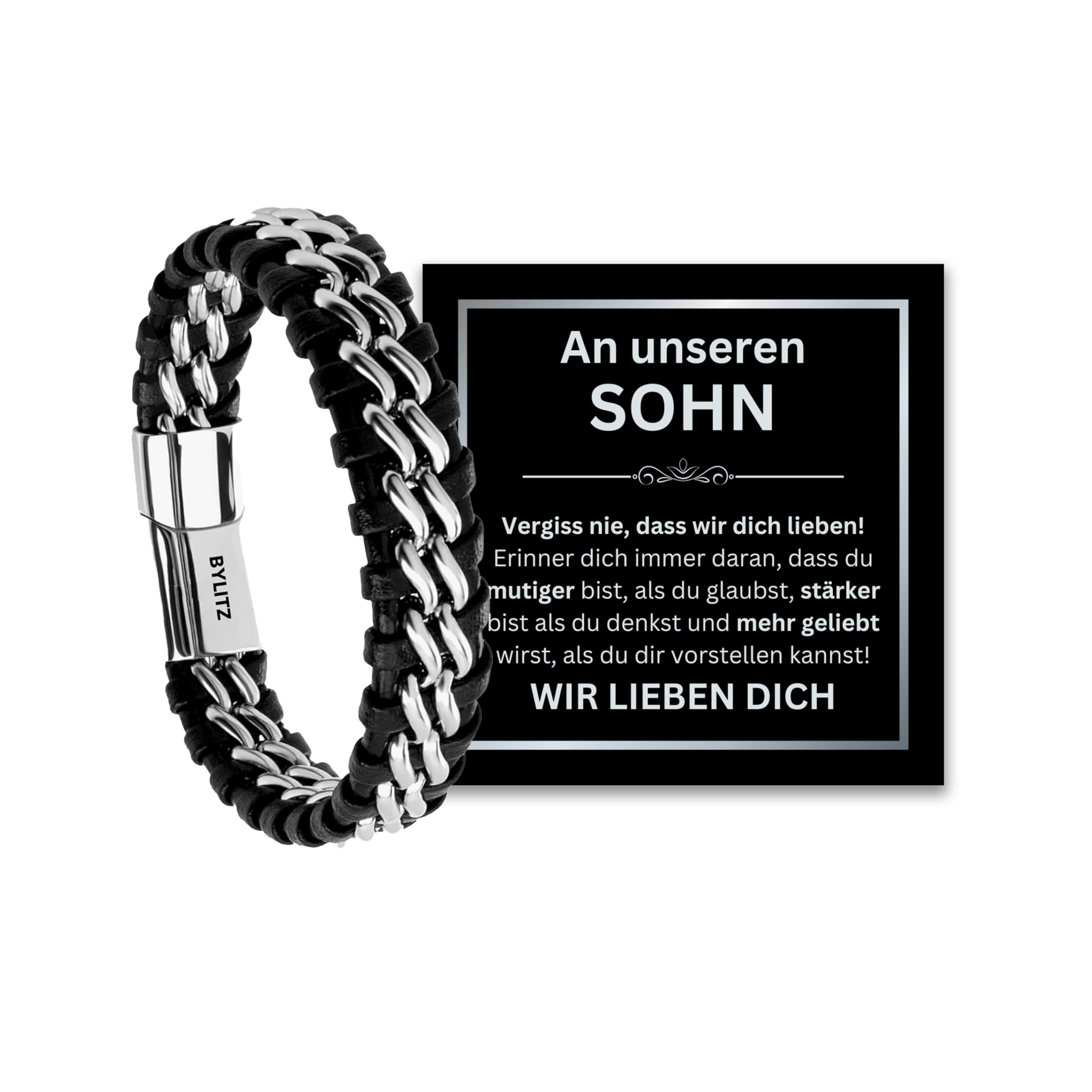 Leder Armband personalisiert mit LED Geschenk Box An meinen Mann Schatz Sohn mit Glückwunschkarte für Männer Herren Jugendliche Jungen Geburtstag Jahrestag Weihnachten