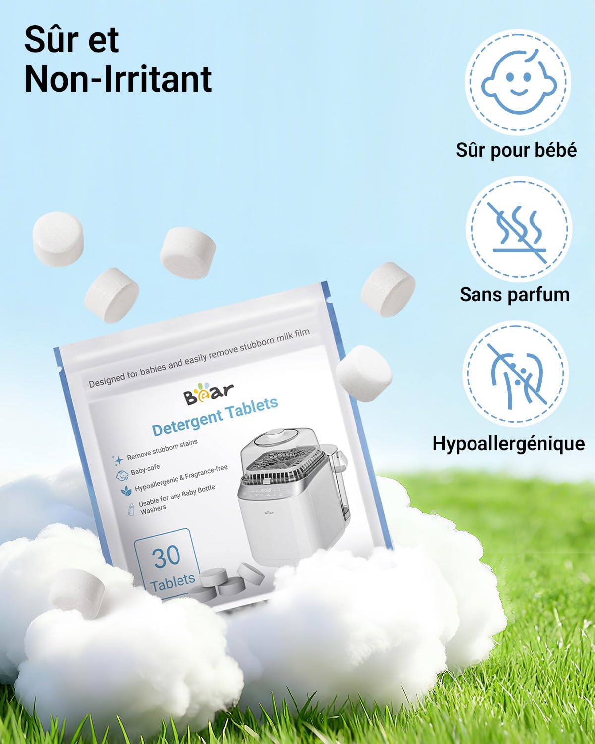 Bear Lot de 180 pastilles nettoyantes officielles pour biberons Bear et tous les nettoyants de biberons courants, puissants contre les résidus de lait