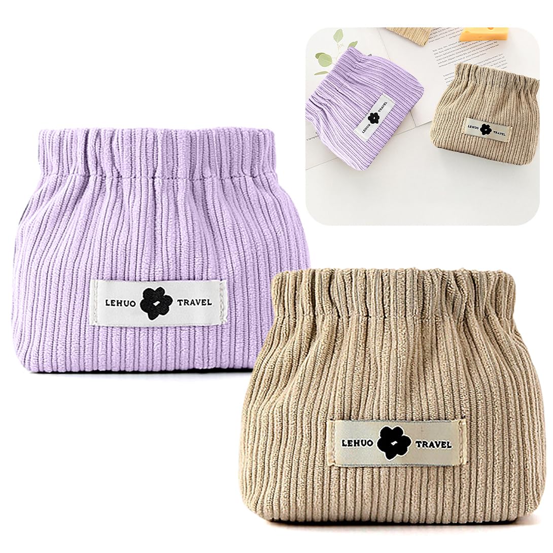 Koonafy 2pcs Corduroy Elastic Hair Tie Organizer Portable Travel Small Makeup Pouch Corduroy Lipstick Storage Bag for Hair Jewelry Lipstick Coin Purse