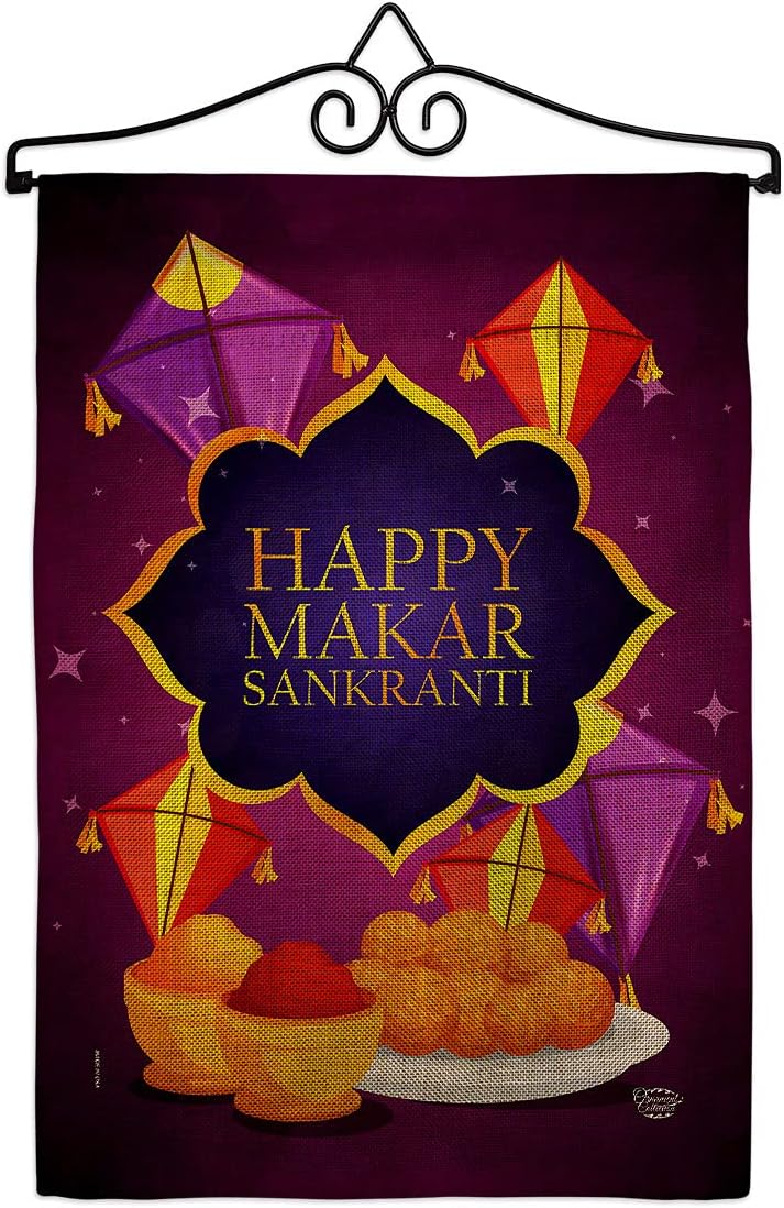 Happy Makar Sankranti Burlap Burlap Garden Flag Set Wall Holder Celebration Uttarayan Maghi Festival Day Kite Flying Bonfires Small Decorative Gift Yard House Banner Double-Sided Made In USA 13 X 18.5