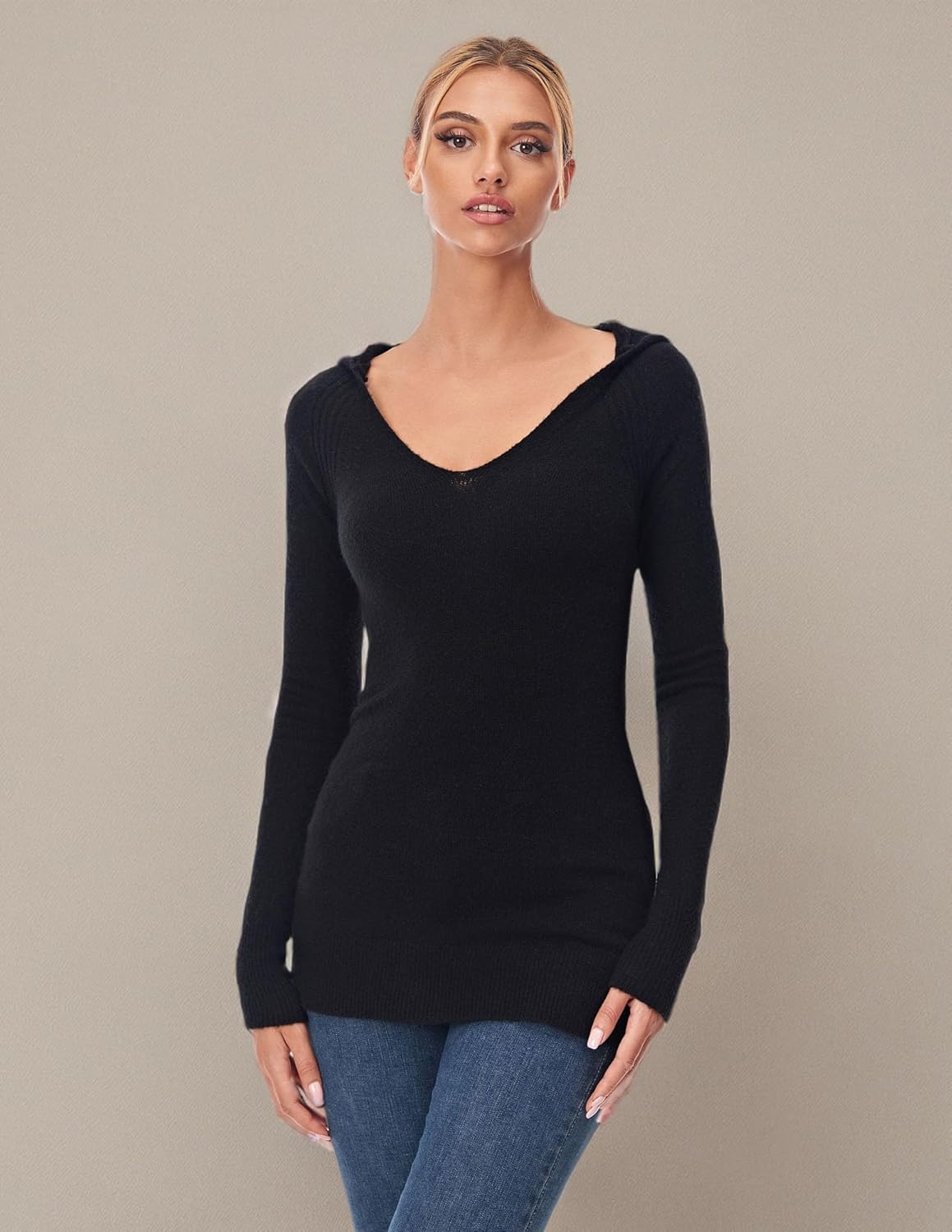 AmélieBoutik Women Hooded V Neck Raglan Long Sleeve Sweater Knit Top - Image 6