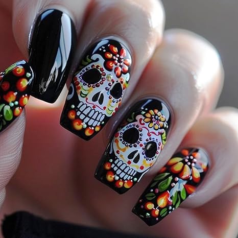 Day of the Dead Press on Nails with Colored Skull Designs Halloween Fake Nails Hawthorn Berry False Nails Medium Coffin Acrylic Nails Black Glossy Full Cover Glue on Fingernails for Women 24Pcs
