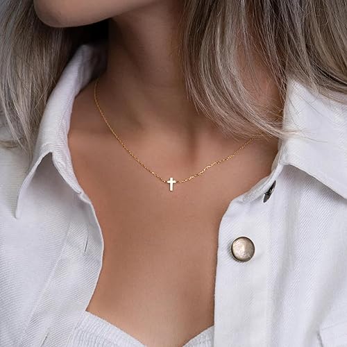 Miniatura 3 de Collar de cruz para mujer, chapado en oro de 14 quilates, delicado collar de cruz en capas, collar de mal de ojo, collar simple de cruz lateral,