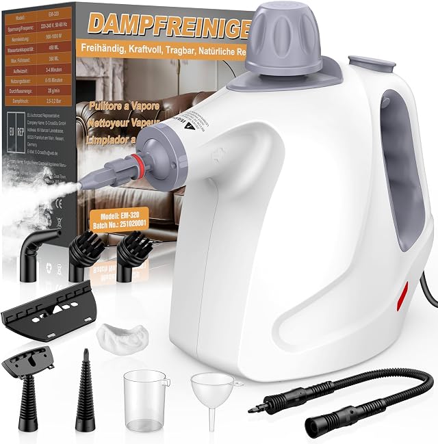 Dampfreiniger Handgerät 1050W, 3,2Bar Hochdruck Handdampfreiniger mit 10 Zubehör, Chemiefrei, Sicherheitsschloss, Entfernt Fett Schmutz, Steam Cleaner für alles Küche Fenster Auto Polster (Weiß)