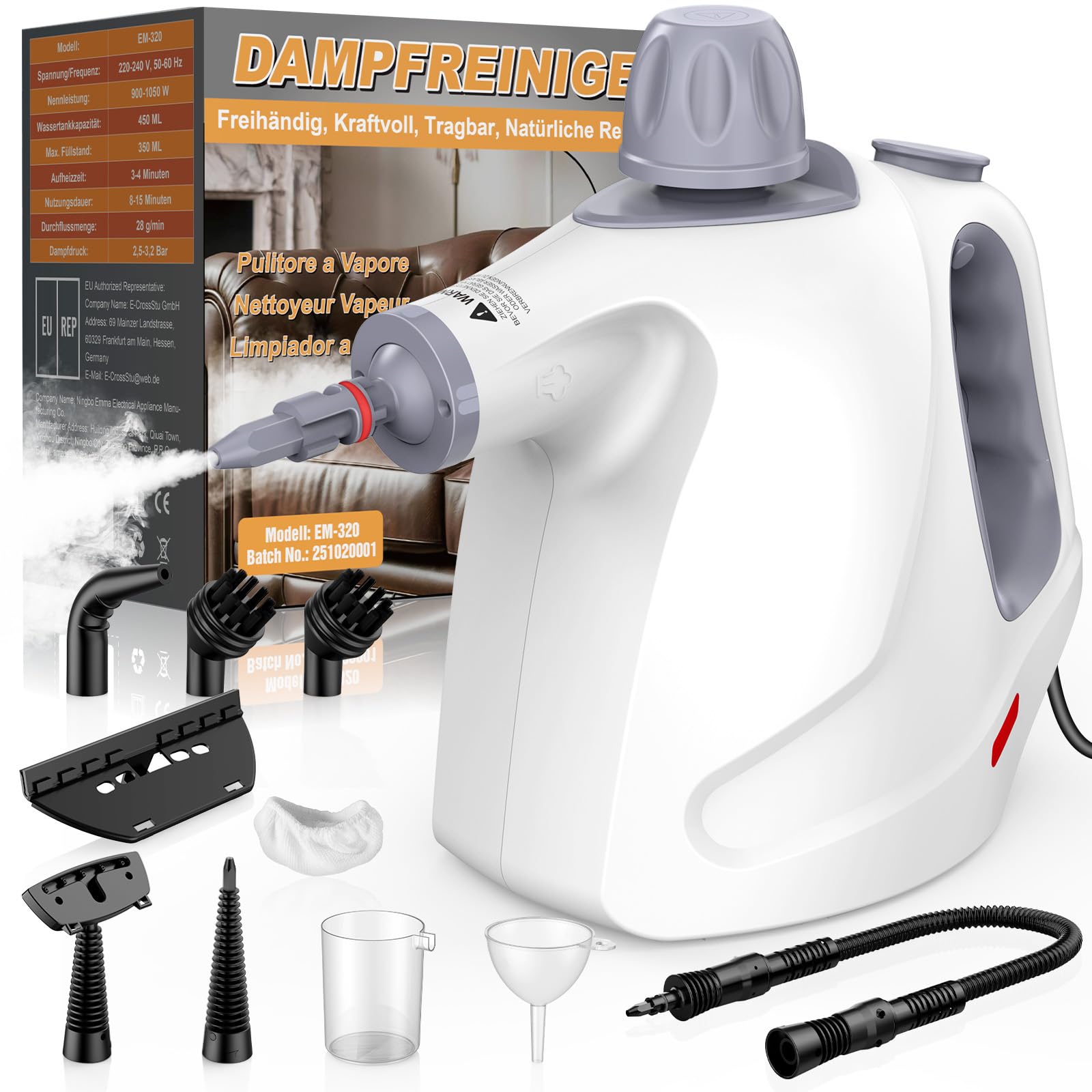 Dampfreiniger Handgerät 1050W, 3,2Bar Hochdruck Handdampfreiniger mit 10 Zubehör, Chemiefrei, Sicherheitsschloss, Entfernt Fett Schmutz, Steam Cleaner für alles Küche Fenster Auto Polster (Weiß)