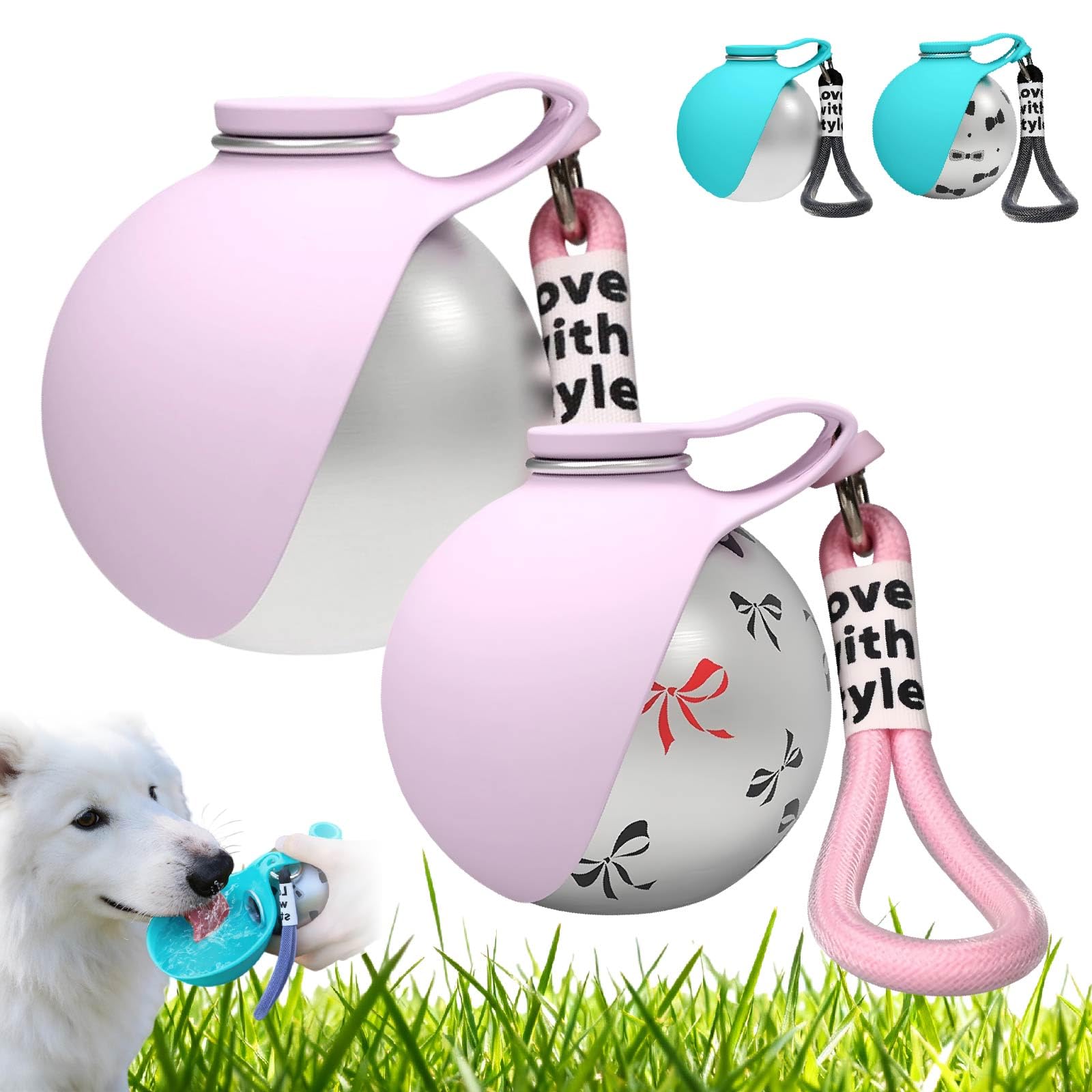 2-in-1 Dog Water Bottle- Portable Stainless Steel Dog Travel Water Bottle with Foldable Silicone Bowl, Leakproof 285ml Puppy Drinking Dispenser Flask for Walking (Pink+Pink with Patter)