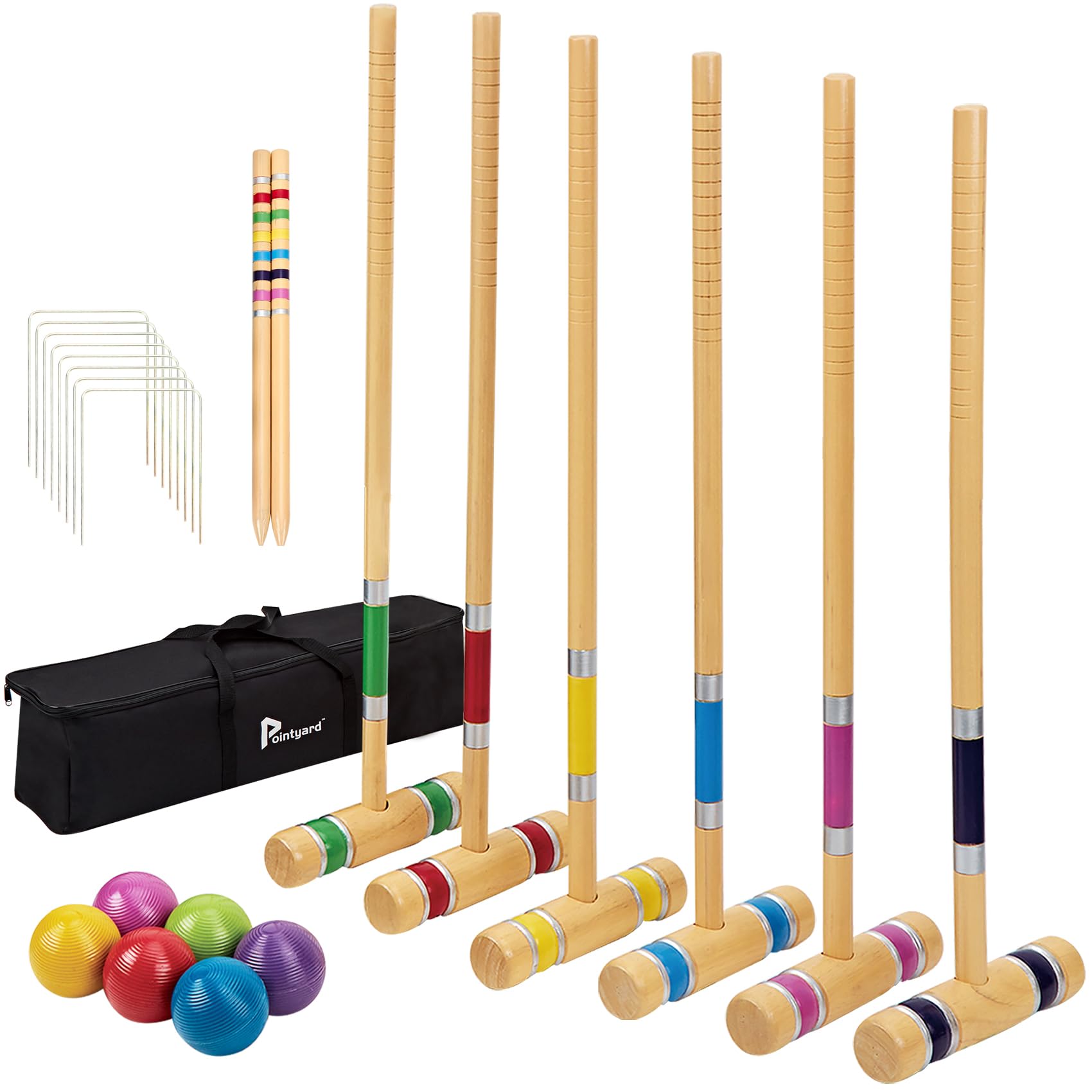 Pointyard Six Player Croquet Set 28", Outdoor Lawn Backyard Croquet Set with Wooden Mallets/Colored Ball/Wickets/Stakes for Adults/Teenager/Family-Perfect for Lawn/Yard Game/Park (Includes Carry Bag)