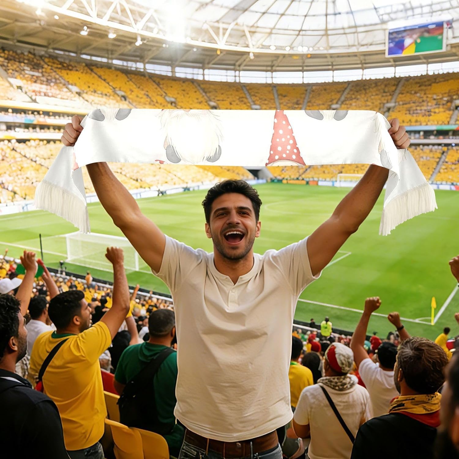 CHIFIGNO Festive Gnomes Cream Soccer Fan Scarf Towel, Quick Dry Polyester Sports Fan Scarves for Matches and Cheering