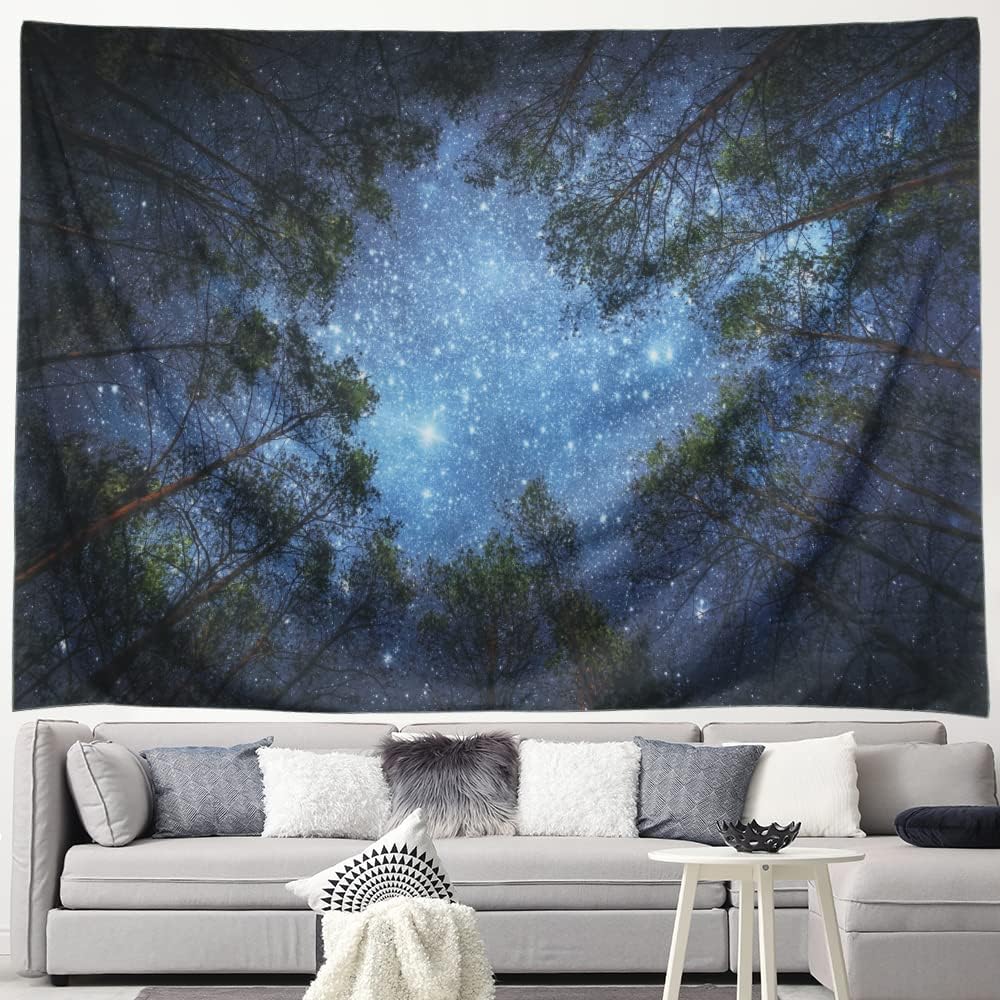 QiyI Tapestry Wall Hanging Nature Star Forest Tapestry Blanket Galaxy Trees Universe Large Tapestries Psychedelic Sky Beach Sheets Bedroom Starry Tapestry - 90" L x 71" W, The Night in The Forest