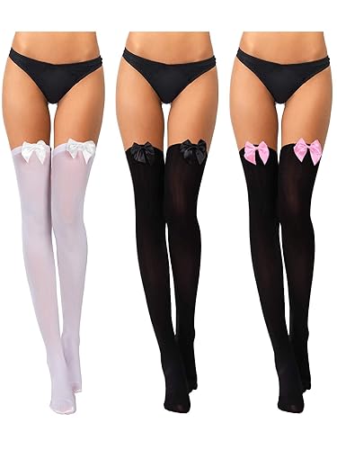 3 Pairs Thigh High Stockings Thigh High Socks with Bow for Women over Knee Lingerie Stockings for Daily Wear Cosplay - X-Large - Black With Black Bow, Black With Pink Bow, White With White Bow