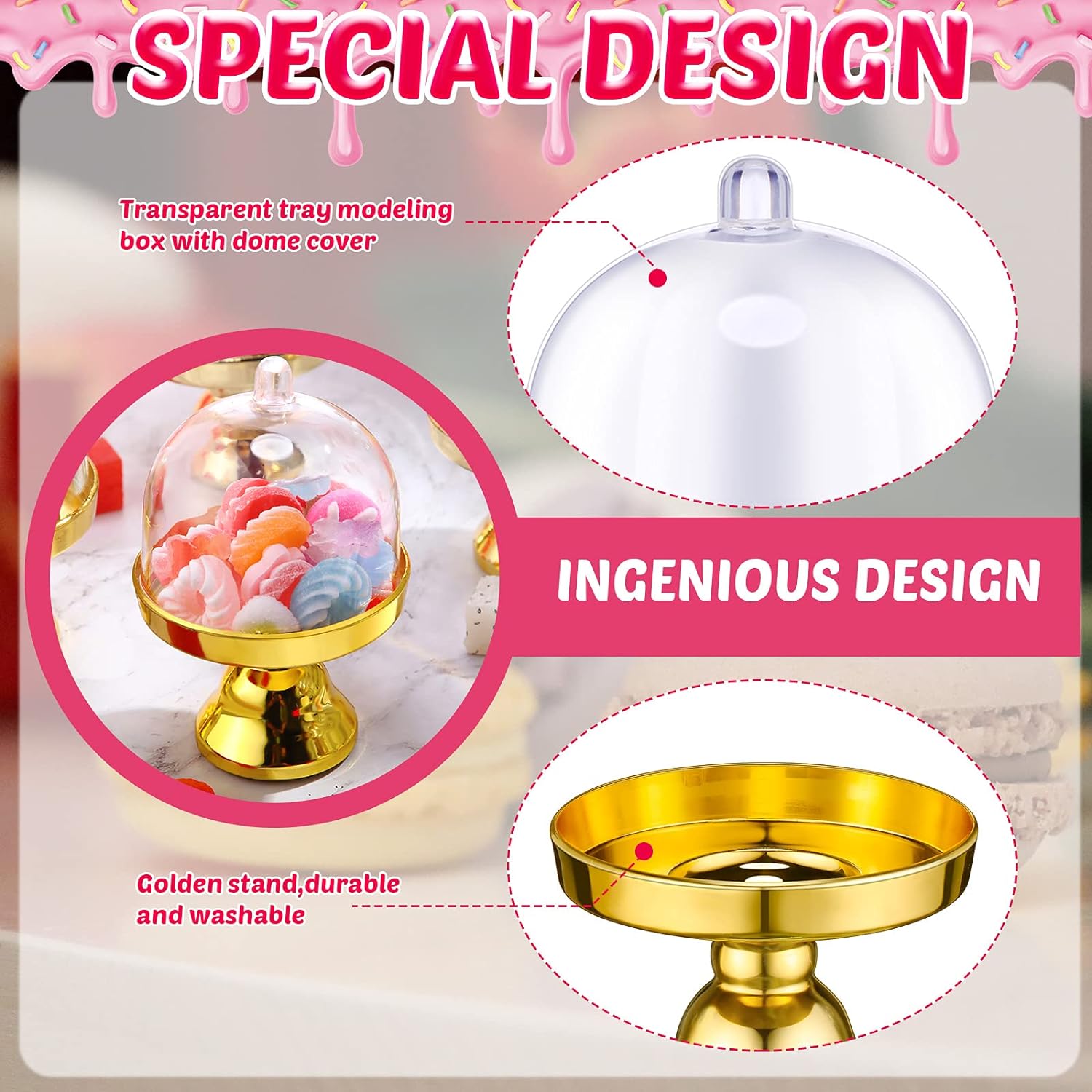 24 Pieces Plastic Mini Cake Stand with Dome Cover Chocolate Candy Cupcake Containers Dessert Display Plate with Dome Cover for Birthday Wedding Holiday Party Supplies (Gold, Transparent)