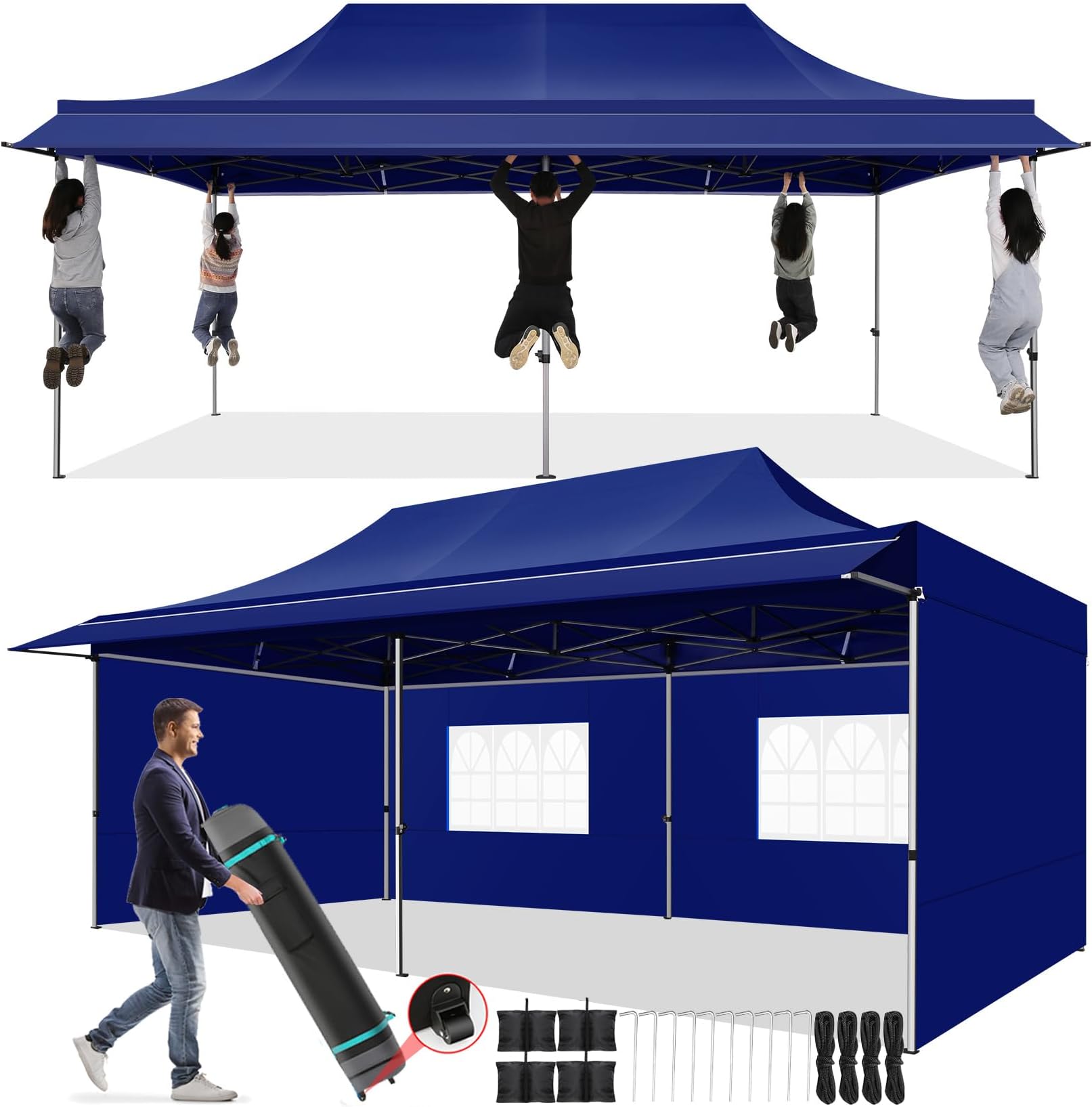 COBIZI 10x20 Pop Up Canopy Tent with Awning,Heavy Duty Canopy UPF 50+ All Season Wind Waterproof Commercial Outdoor Street Vendors Party Tents for Parties Canopy with Roller Bag(10 x 20 ft Dark Blue)