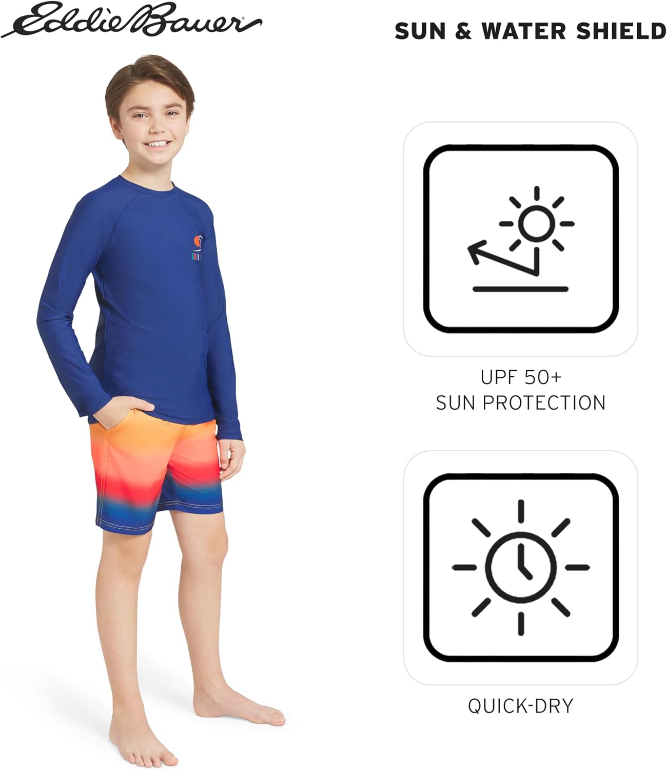 Eddie Bauer Boys' Swim UPF 50+ Long Sleeve Sun Tee Rash Guard Shirt
