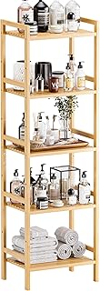 HITNET Tall Narrow Bookshelf, 5 Tier Bathroom Shelf Bamboo, Floor Standing Display Storage Organizer for Small Space, Adjustable Shelves, Natural Wood Bookcase