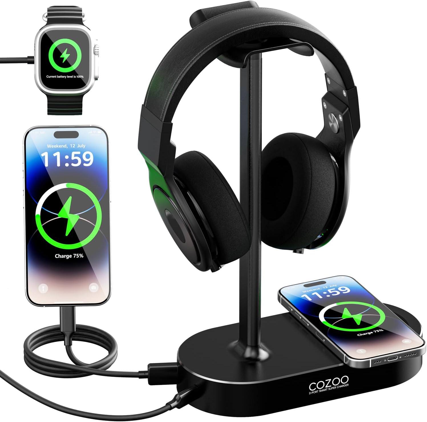 COZOO Headphone Stand with Fast Wireless Charging Pad and 2 USB Charging Ports, Suitable for Gaming, DJ, Wireless Earphone Accessories